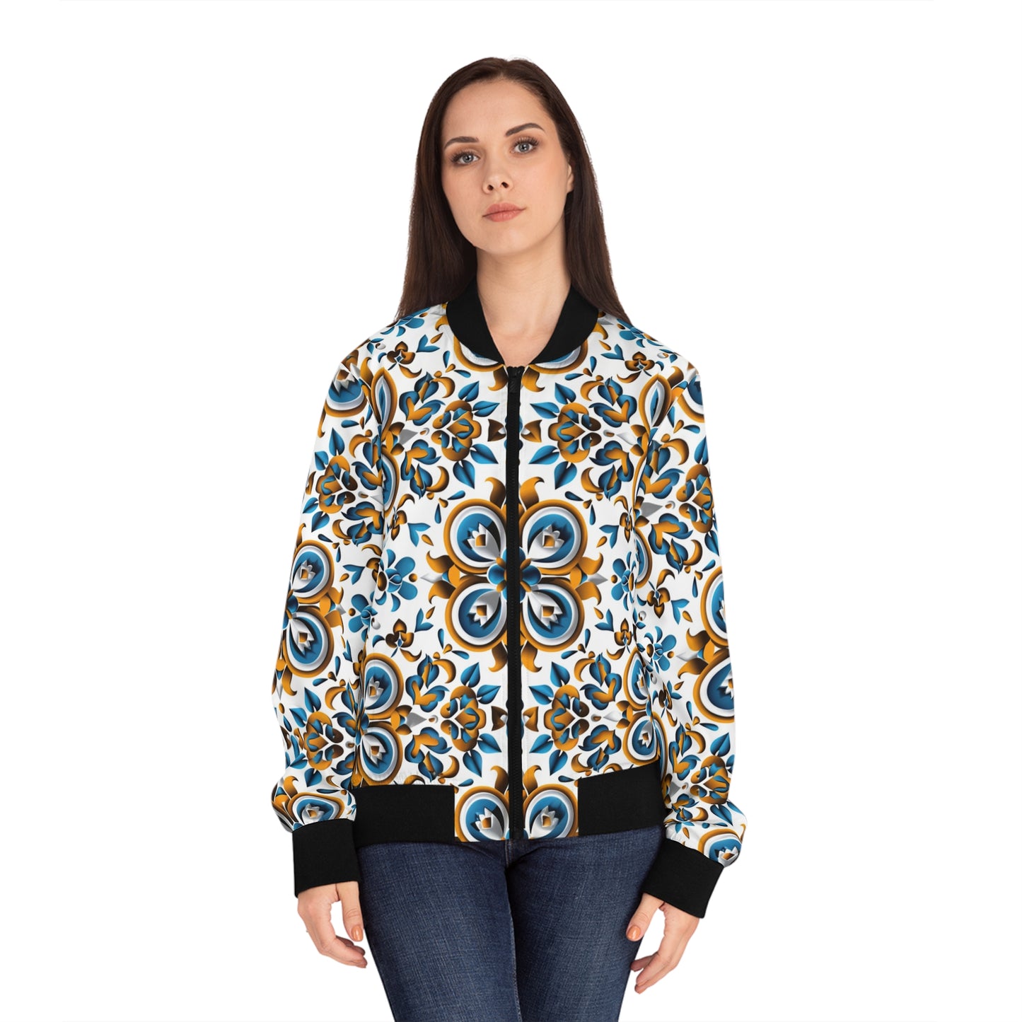 Women's African Print Bomber Jacket, Blue & Yellow Floral Pattern, Stylish Cultural Fashion