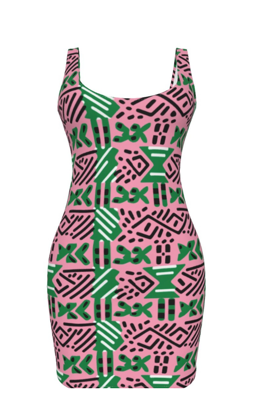 Pink & Green African Mud Cloth Print Bodycon Dress, AKA Sorority-Inspired Fashion, African Heritage Women's Fashion