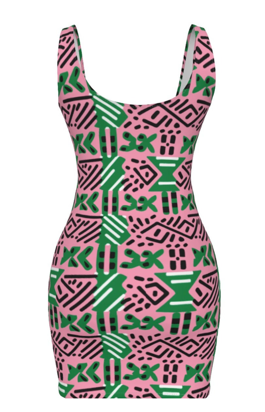 Pink & Green African Mud Cloth Print Bodycon Dress, AKA Sorority-Inspired Fashion, African Heritage Women's Fashion