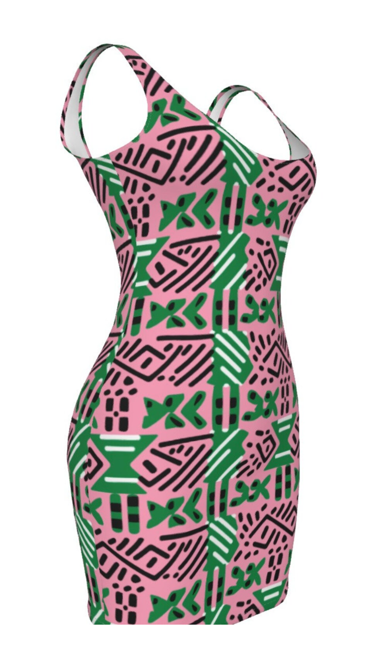 Pink & Green African Mud Cloth Print Bodycon Dress, AKA Sorority-Inspired Fashion, African Heritage Women's Fashion