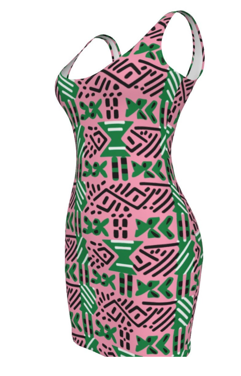 Pink & Green African Mud Cloth Print Bodycon Dress, AKA Sorority-Inspired Fashion, African Heritage Women's Fashion