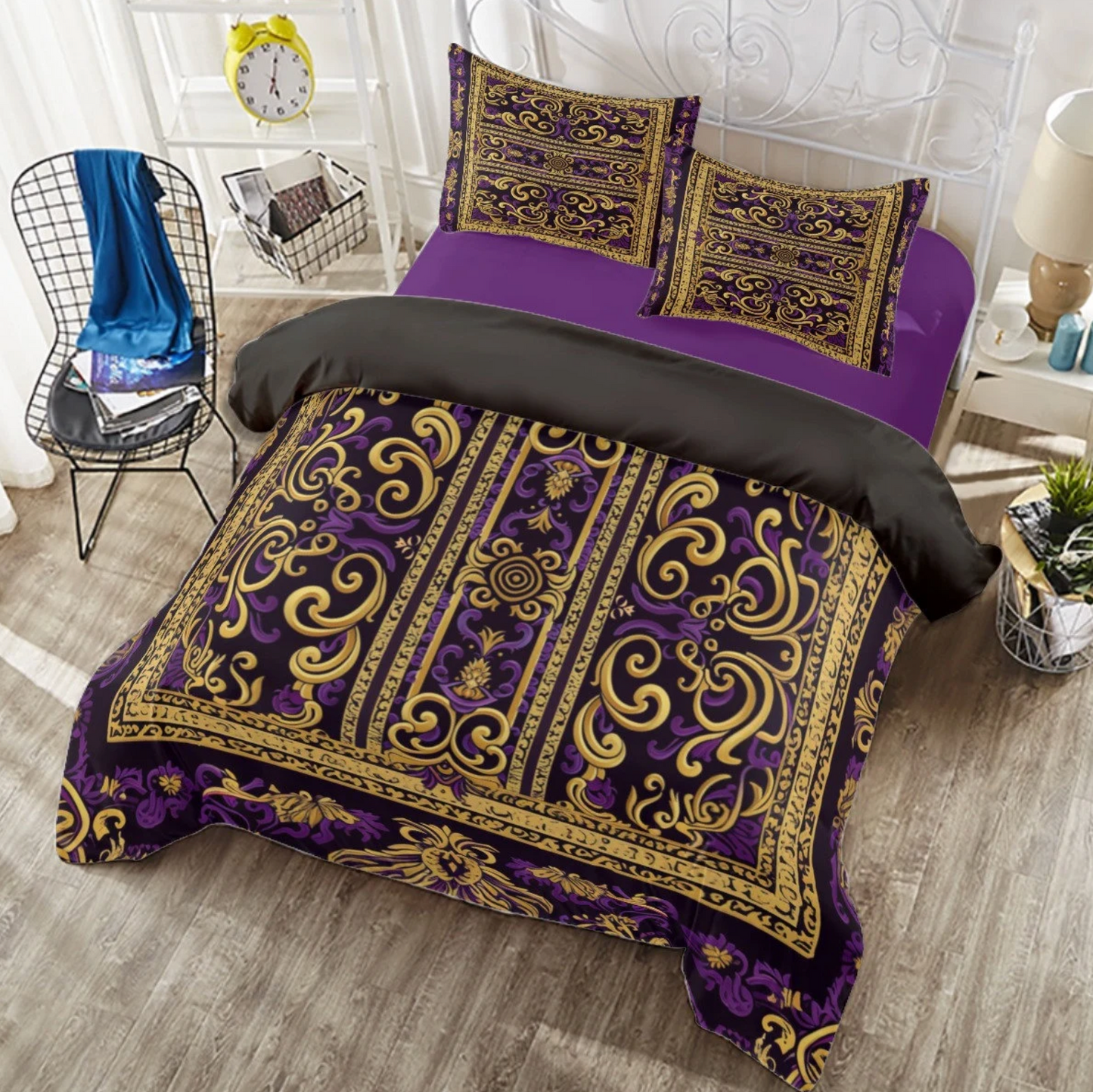 Elegant Purple & Gold Omega "Que" Fraternity Inspired Duvet Set - 4-Piece Fall/Winter 2024 Bedding