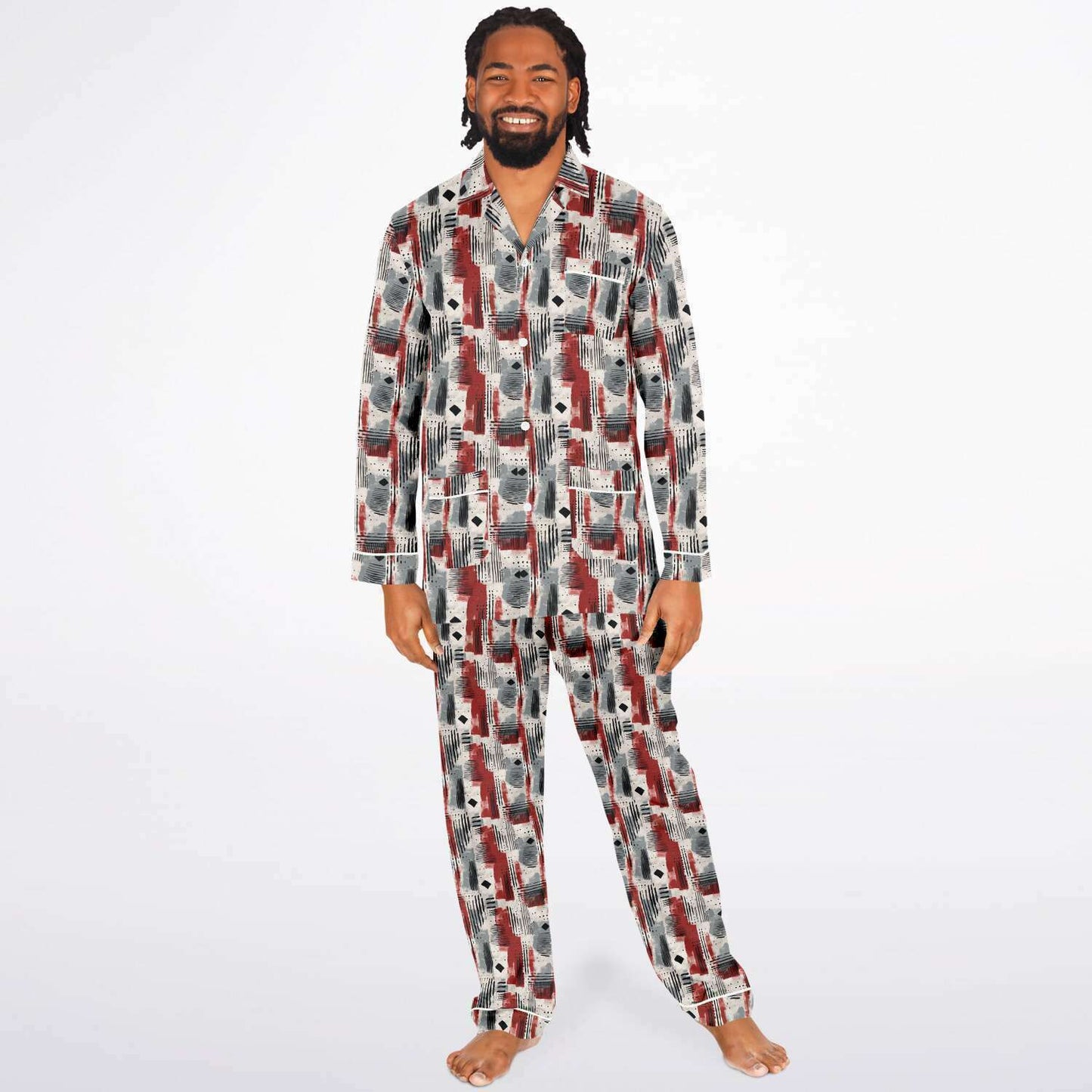 African Kente Print Men's Satin Pajama Set,  Big & Tall Satin Men's African Print Cozy Men's Loungewear