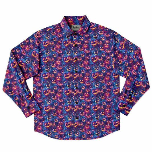 Men's Neon Pumpkin Hawaiian Pop Long Sleeve Button Down Shirt