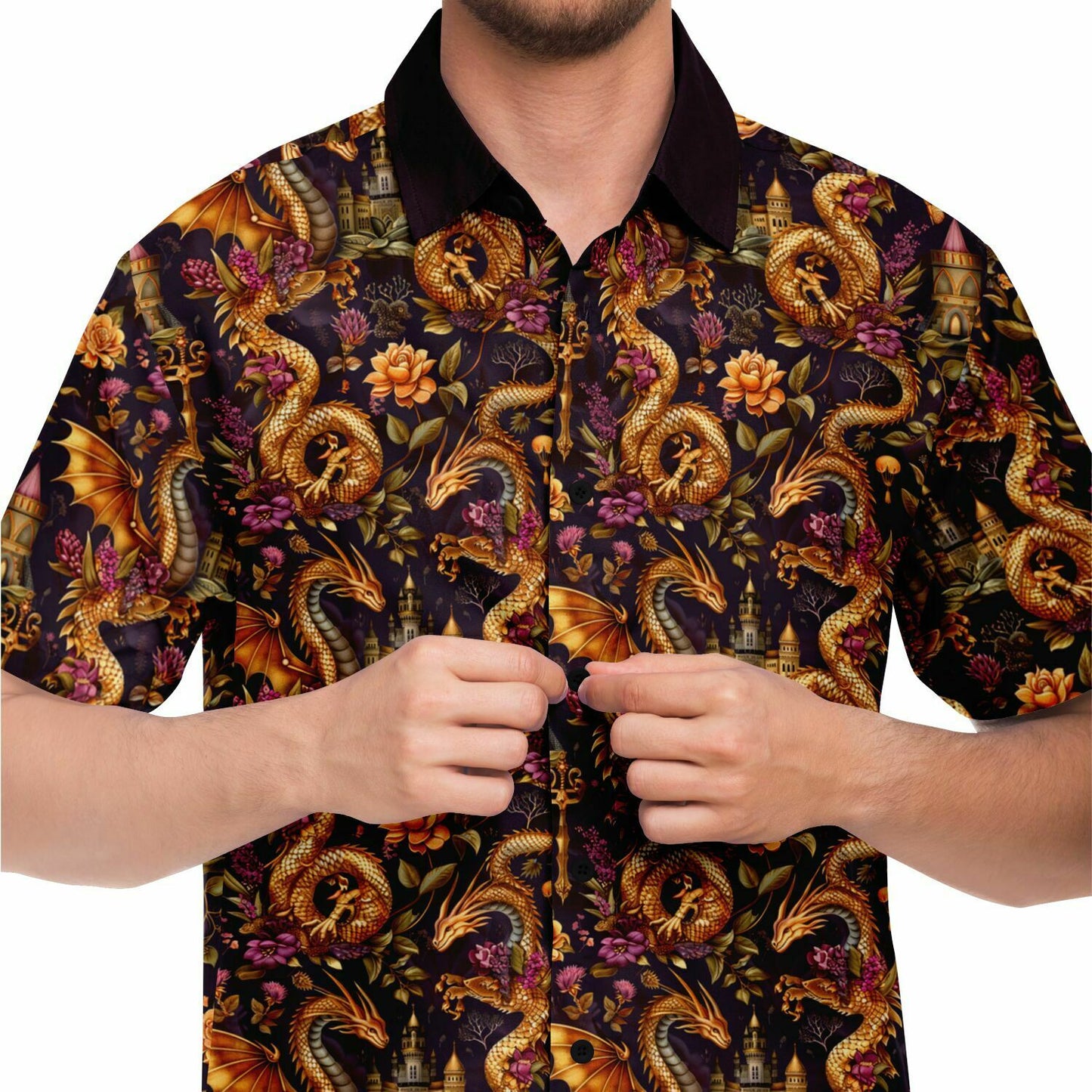 Fantasy-Themed Dragon Print Men's Short Sleeve Button Down Shirt, Gold and Purple Design