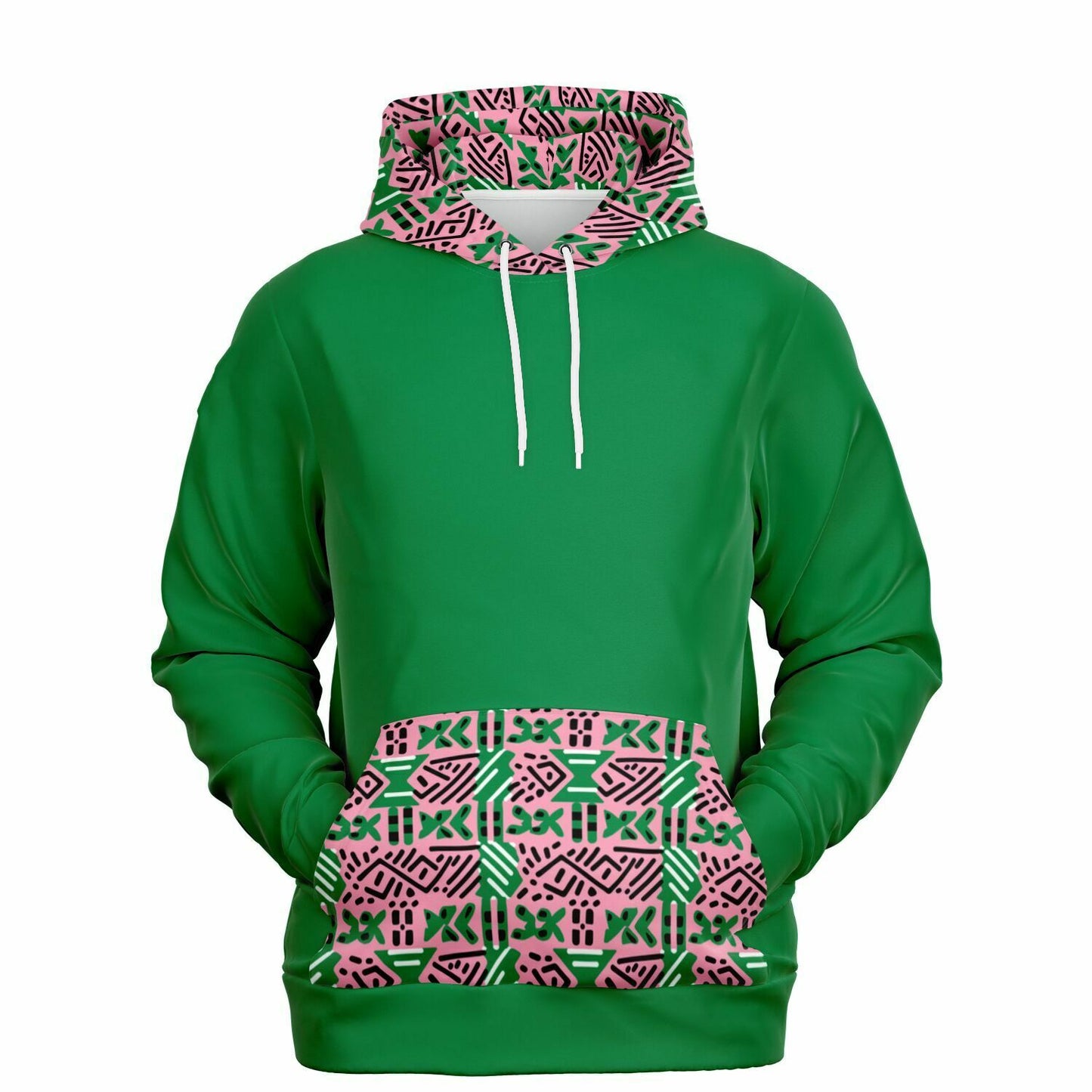 AKA Pink & Green Sorority Inspired African MudCloth Color Block Print Women's Athletic Hoodie, College Sorority Gift