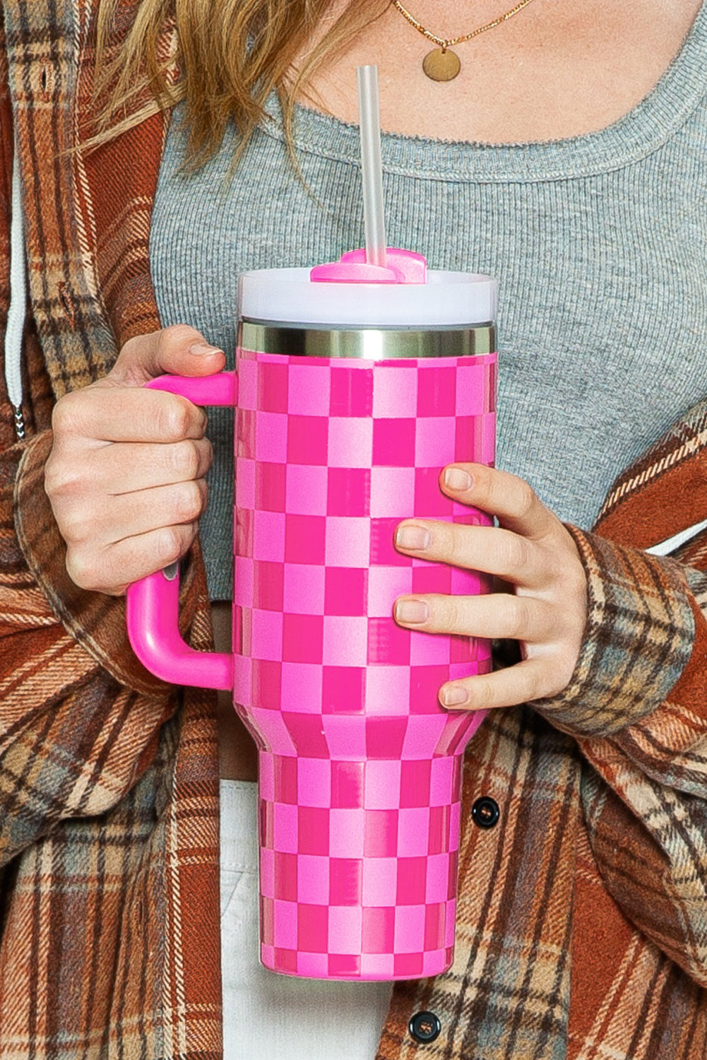 Bright Pink Checkered Print 40oz Stainless Steel Tumbler Cup with Handle - Durable & Temperature Retaining