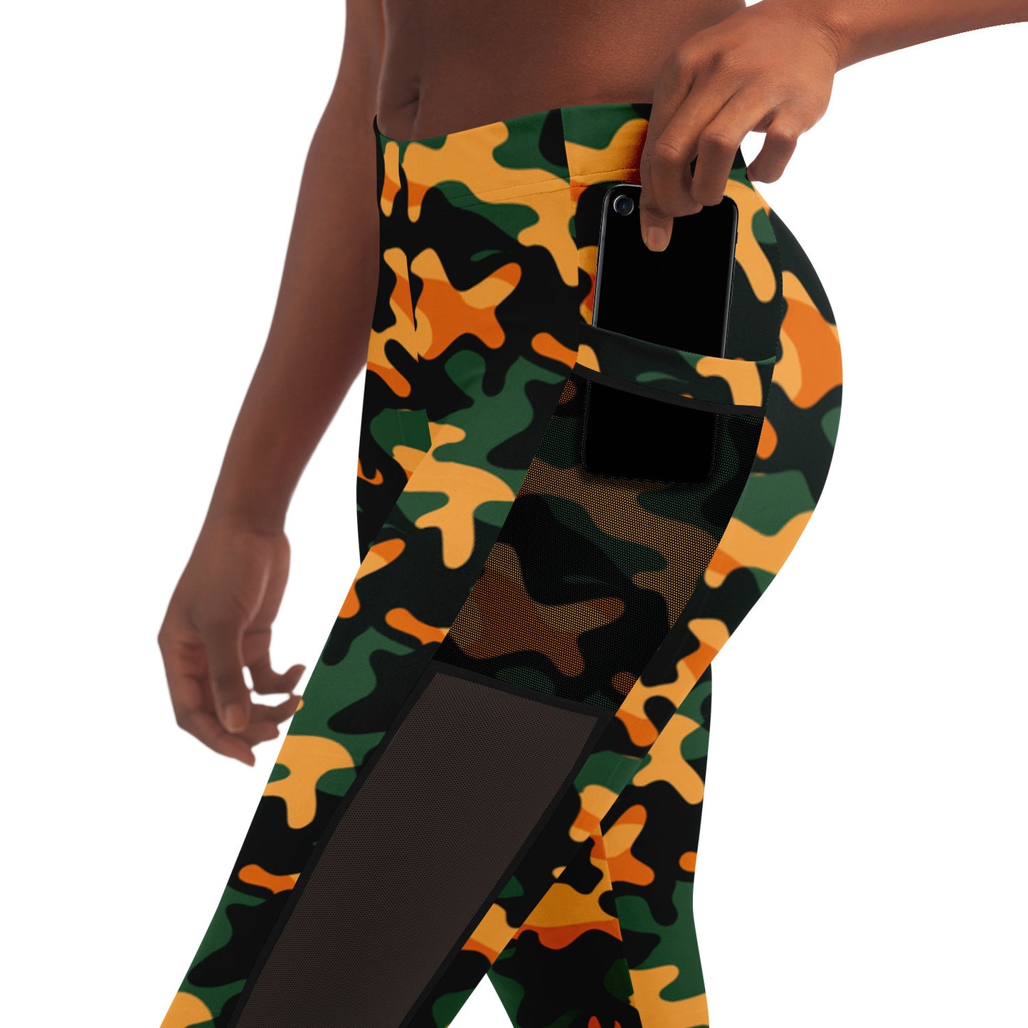 Urban Jungle Camo Women's Mesh Pocket Leggings - Trendy Orange and Green Workout Gear