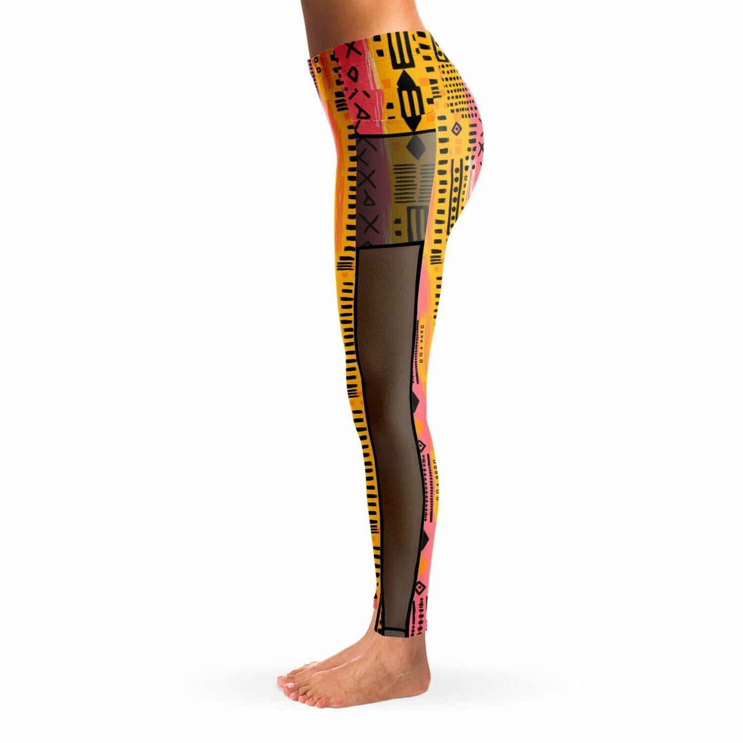 Sunset Sahara Colorful African MudCloth Print Mesh Women's Leggings, African Ankara Print Women's Work Out Wear