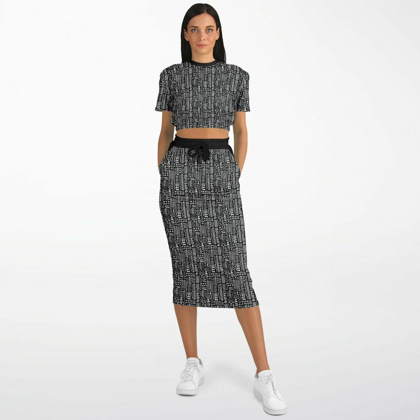 Black & White African Mud Cloth Cropped Sweatshirt & Long Skirt Set, Minimalist Ethnic Print Fashion