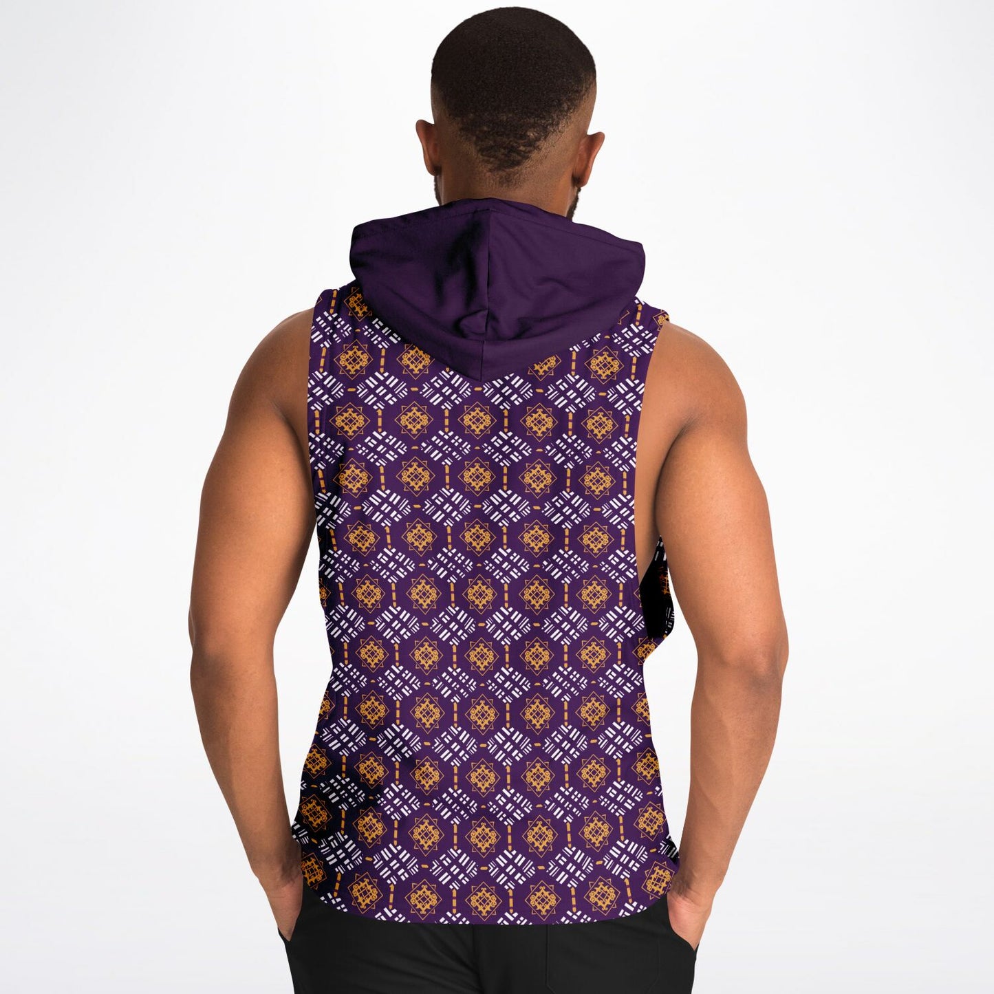 Omega Psi Phi Colors African Print Athletic Drop Armhole Hoodie, Men's Purple & Gold Athletic Ethnic  Print Workout Pull Over Gear