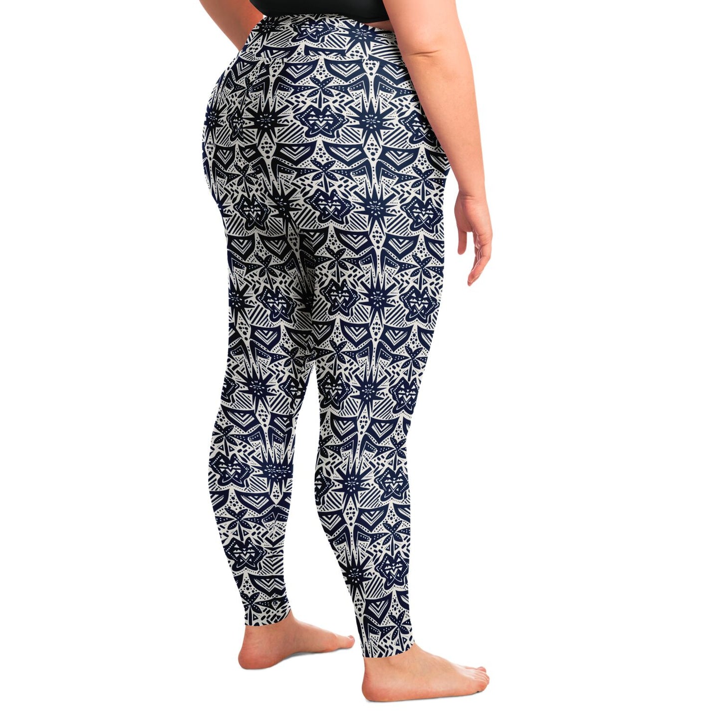 Blue & White African Mud Cloth Plus Size 2XL - 6XL Women's Leggings | Plus Size African Print Activewear | High Waistband Ethnic Yoga Pants