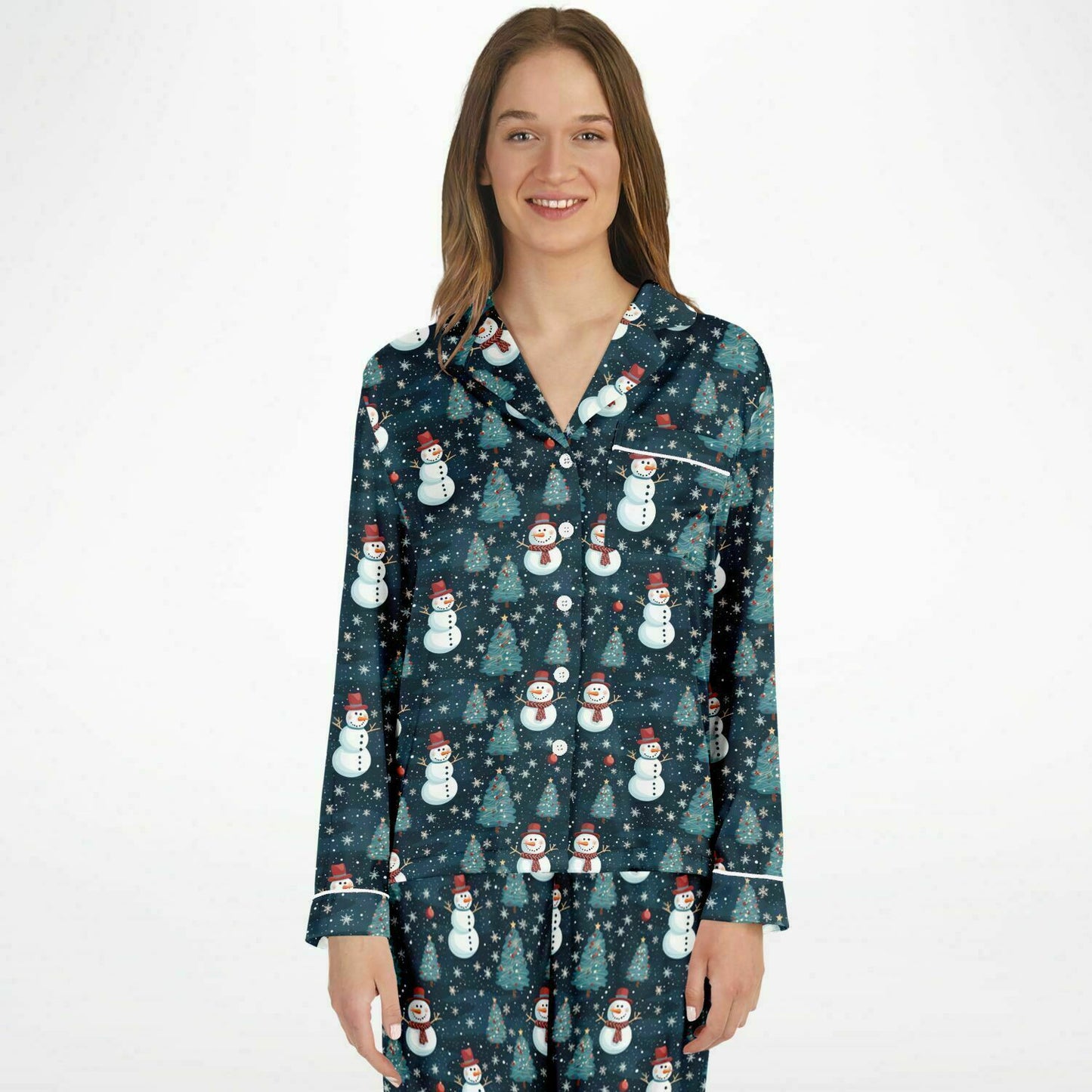 Luxury Women's Christmas Satin Snowman Pajama Set | Matching Couples Holiday Pajama Set | Plus Size Ladies Festive Pajamas - Ships Free