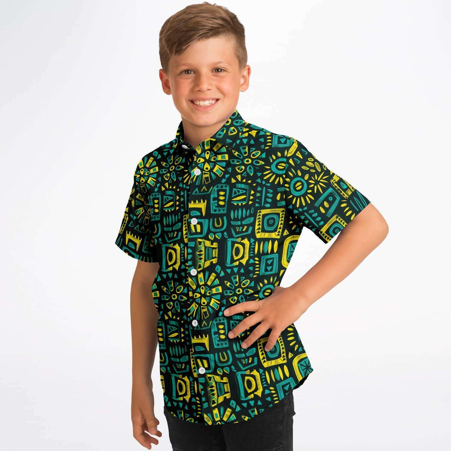 Blue, Green, Yellow African Print Kids Youth Short Sleeve Button Down Shirt