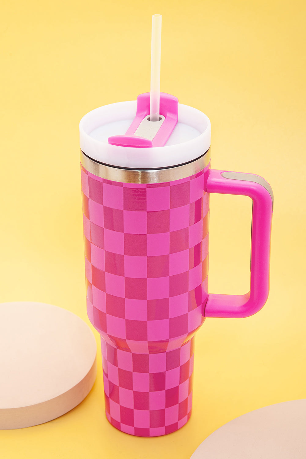 Bright Pink Checkered Print 40oz Stainless Steel Tumbler Cup with Handle - Durable & Temperature Retaining