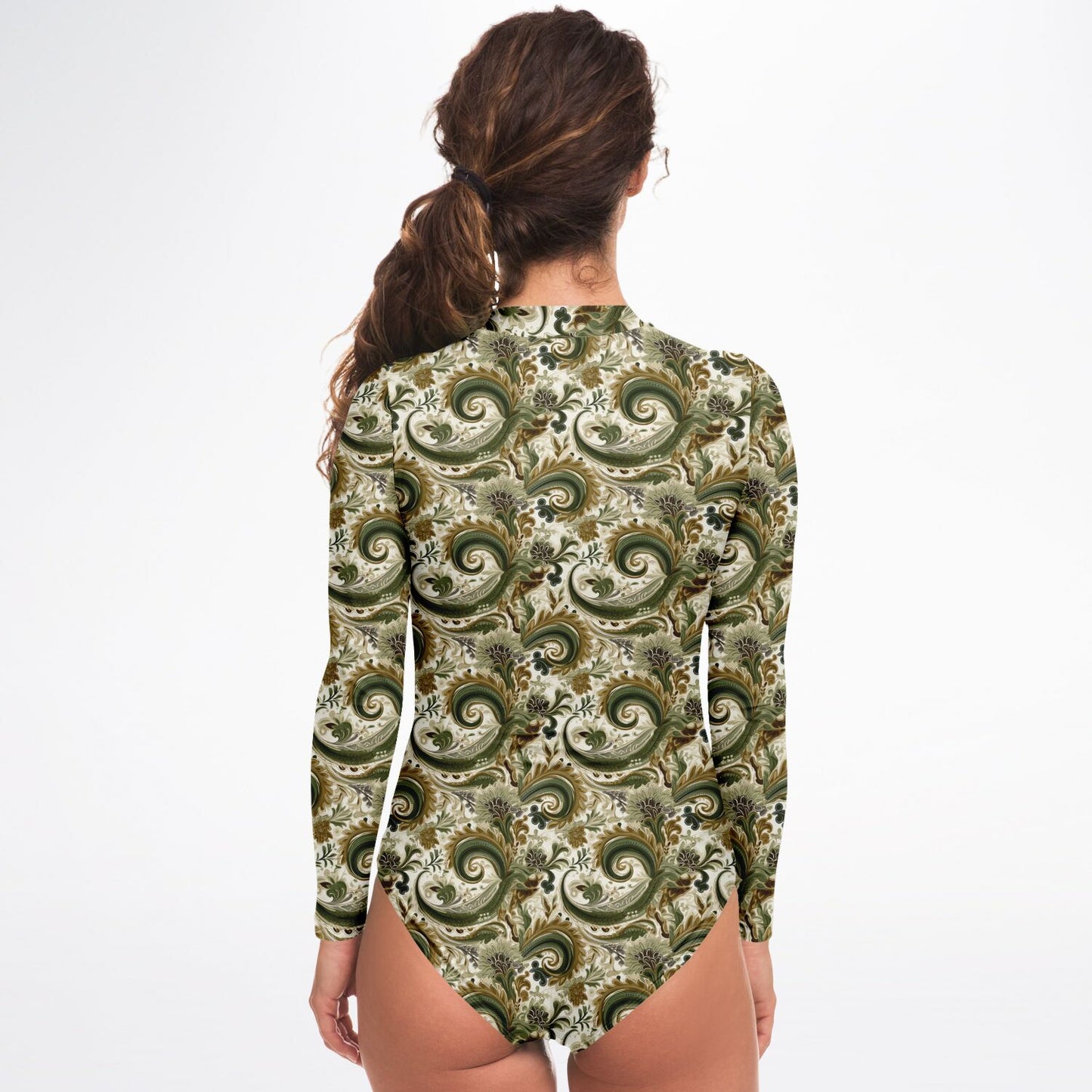 Green & Tan Paisley Print Long Sleeve Bodysuit | Trend Boho Chic Fashion | Paisley Print Women's Fashion | Bandana Print Bodysuit