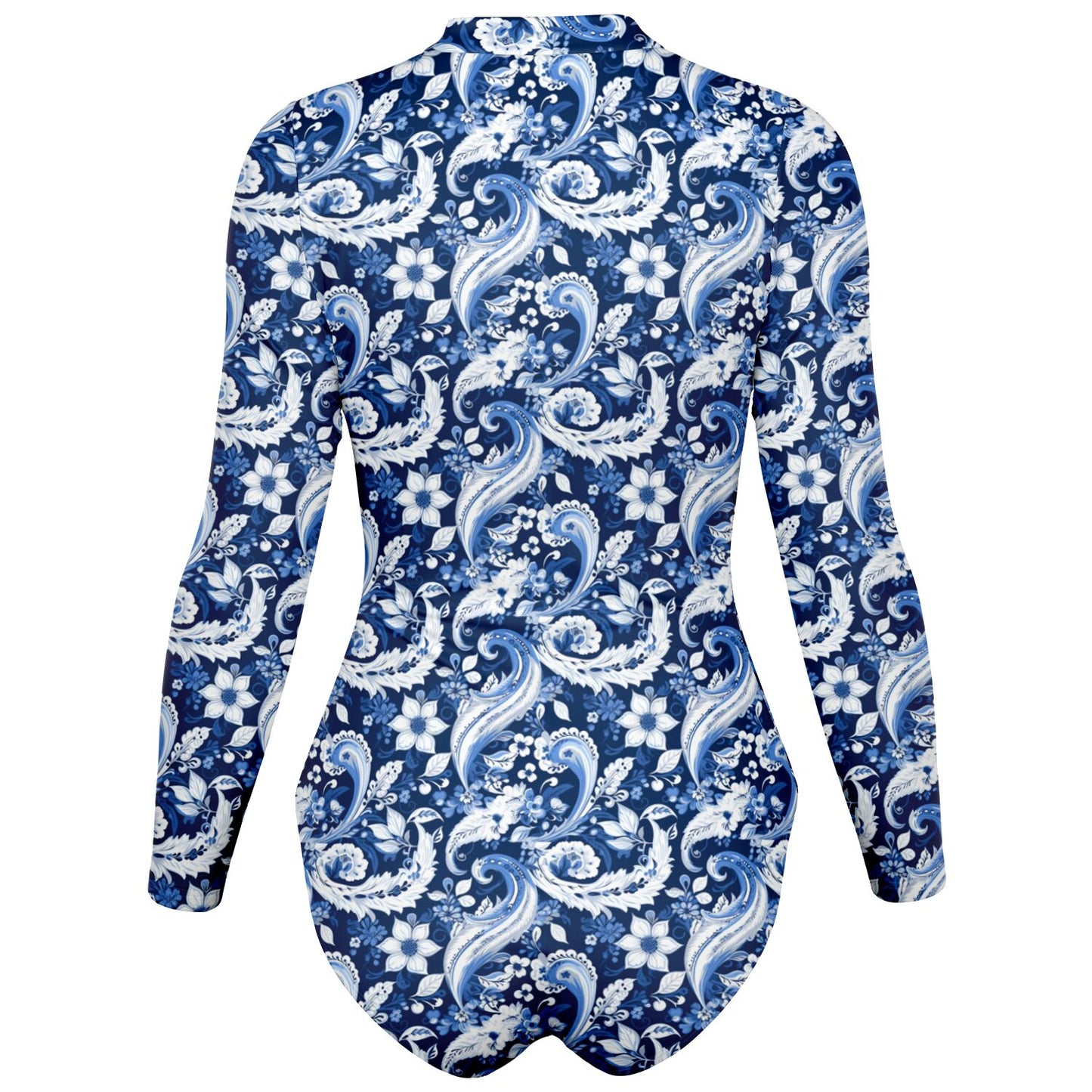 Blue & White Paisley Print Long Sleeve Bodysuit | Trendy UV protection Clothing | Paisley Print Women's Fashion | Bandana Print Bodysuit