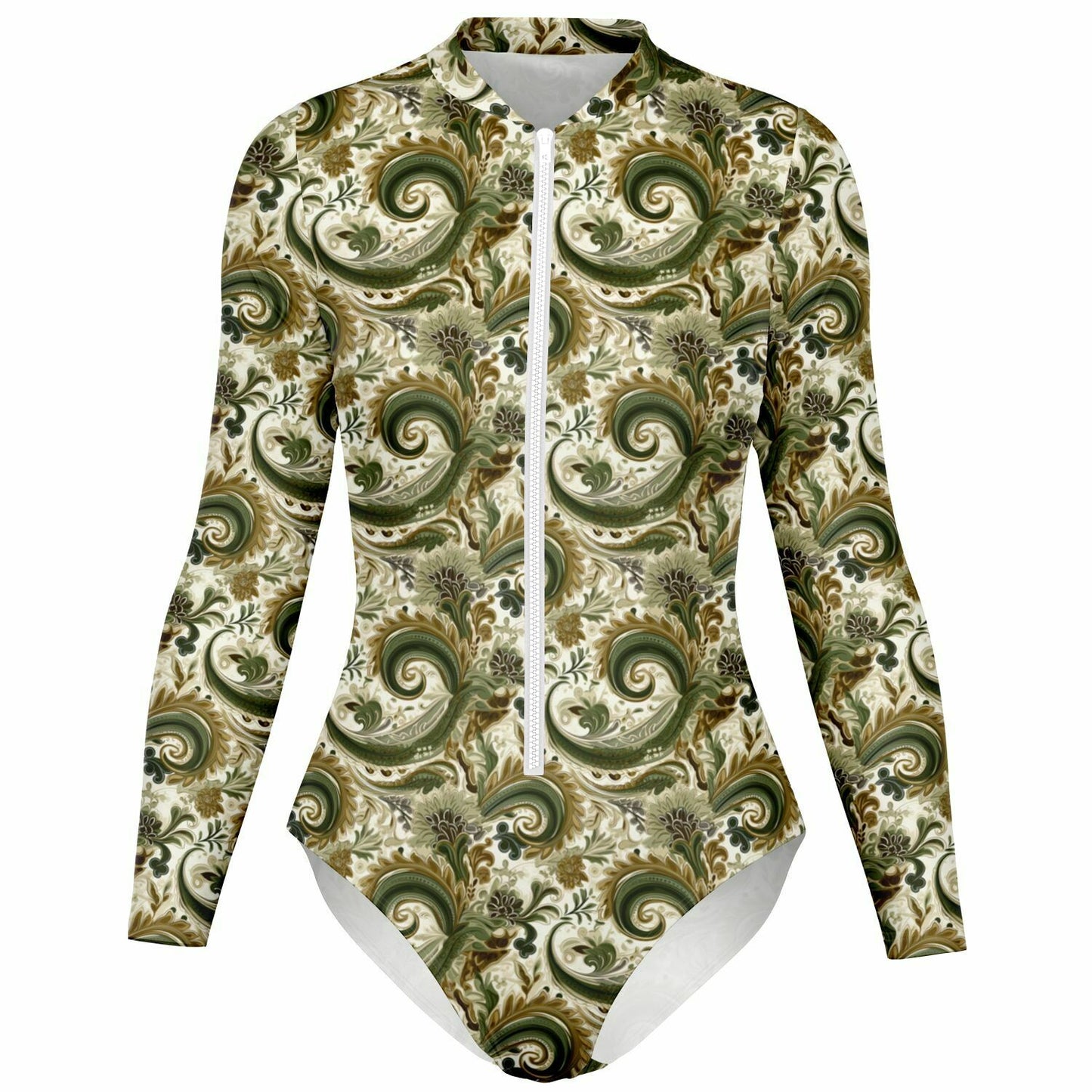 Green & Tan Paisley Print Long Sleeve Bodysuit | Trend Boho Chic Fashion | Paisley Print Women's Fashion | Bandana Print Bodysuit