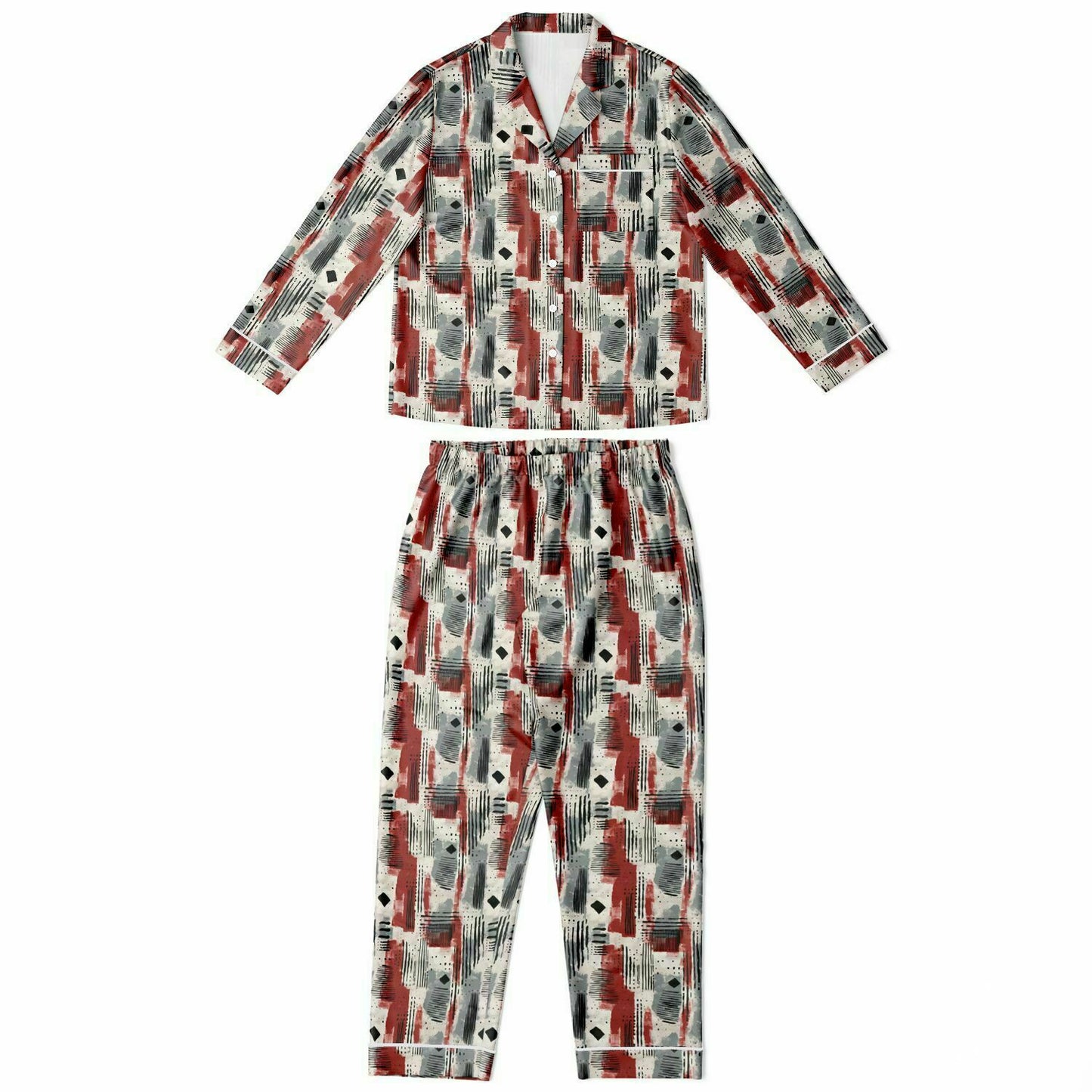 Gray & Deep Red African Mud Cloth Print Satin 2 -Piece Women's Pajama Set,  Plus Size Bogolan Luxury Sleepwear