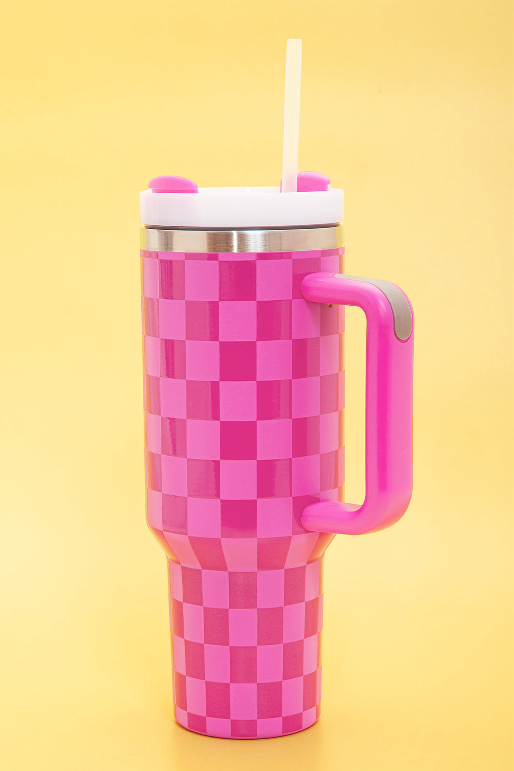 Bright Pink Checkered Print 40oz Stainless Steel Tumbler Cup with Handle - Durable & Temperature Retaining