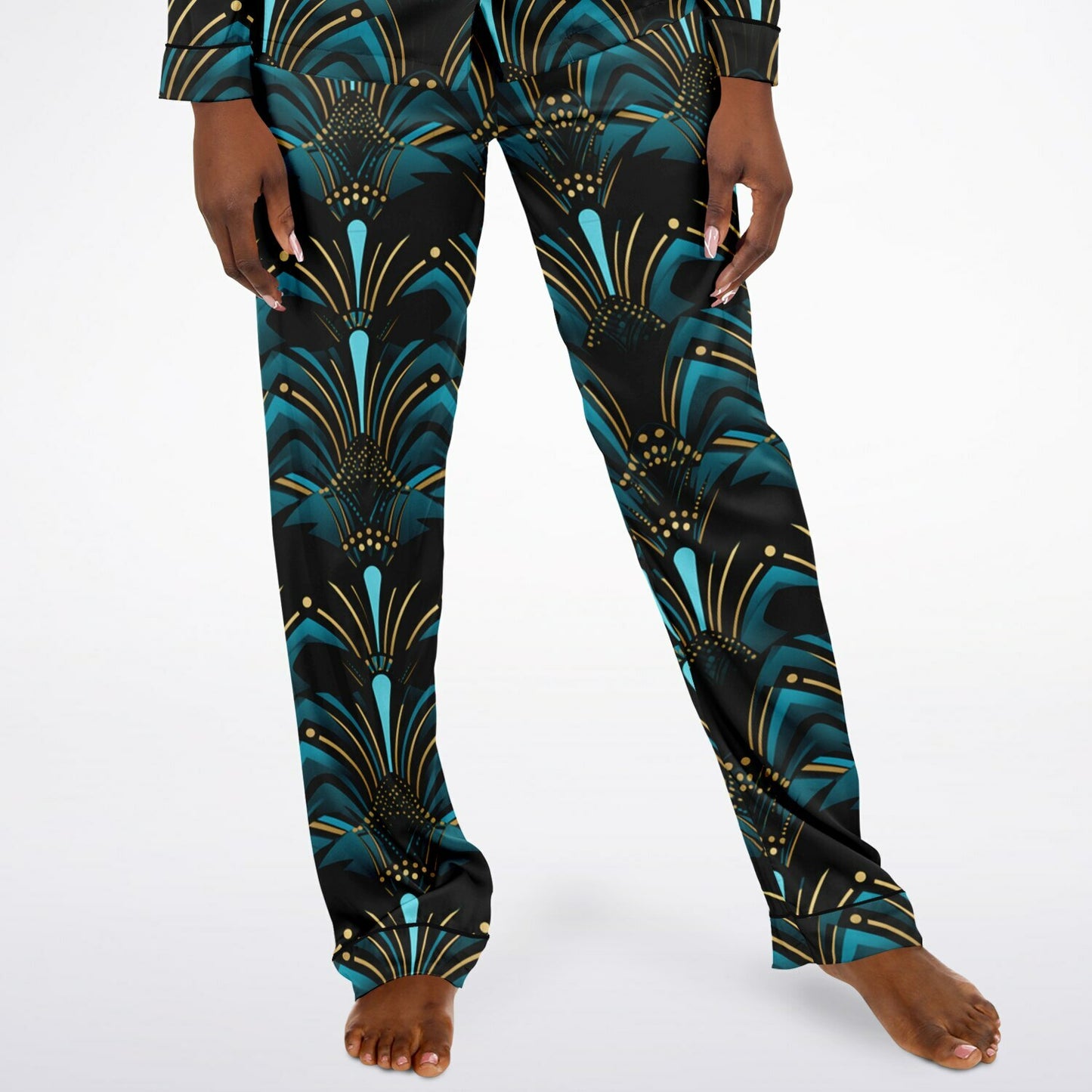 Zanzibar Blue & Ebony Black African Print Satin Pajama Set, Plus Size Nightwear for Women