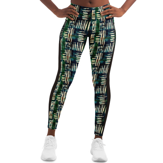 Jungle Safari African MudCloth Print MeshPocket, Green & Beige African Print Leggings