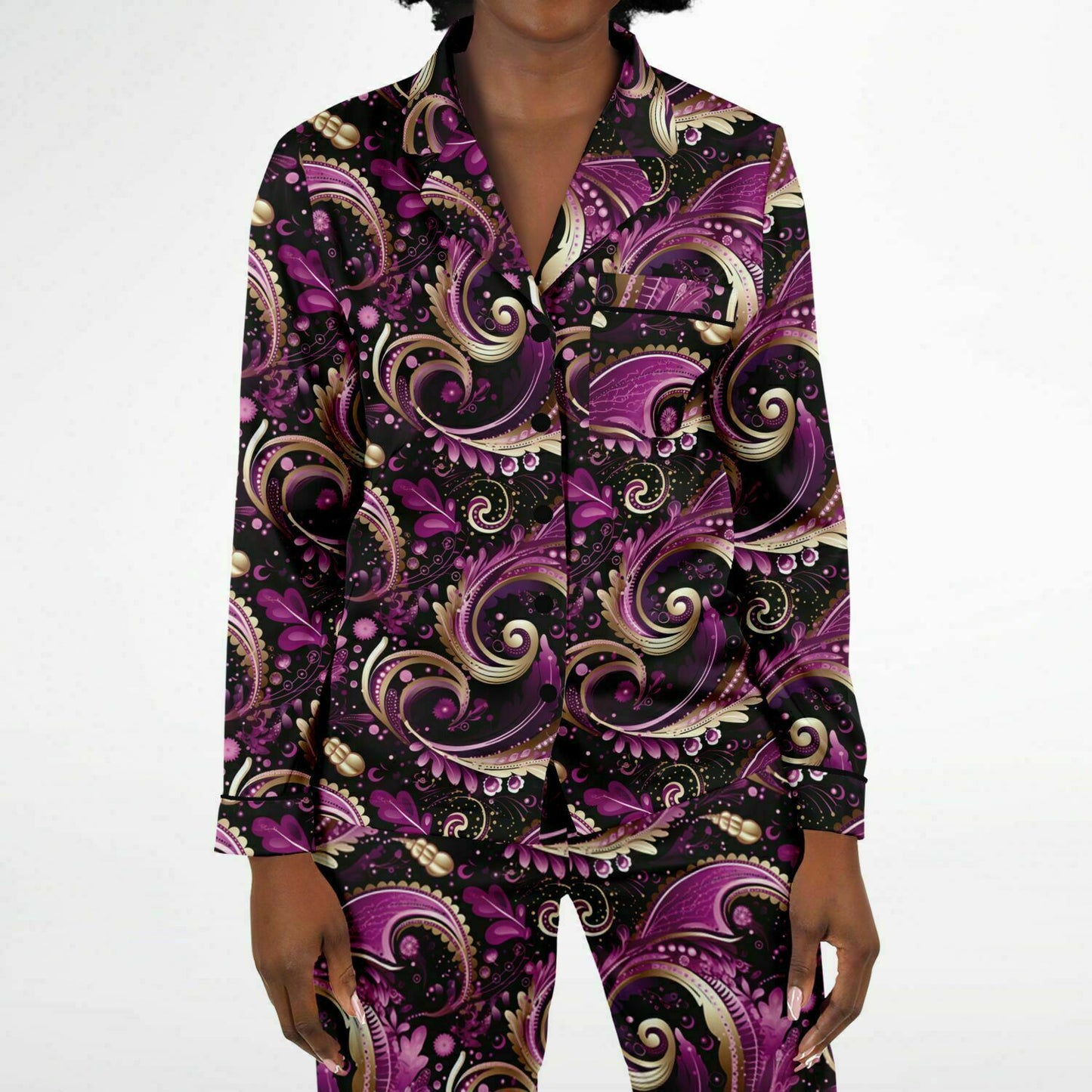 Purple Pink & Gold Paisley Print Women's Satin Pajamas, Boho Chic Purple Women's Pajama Set