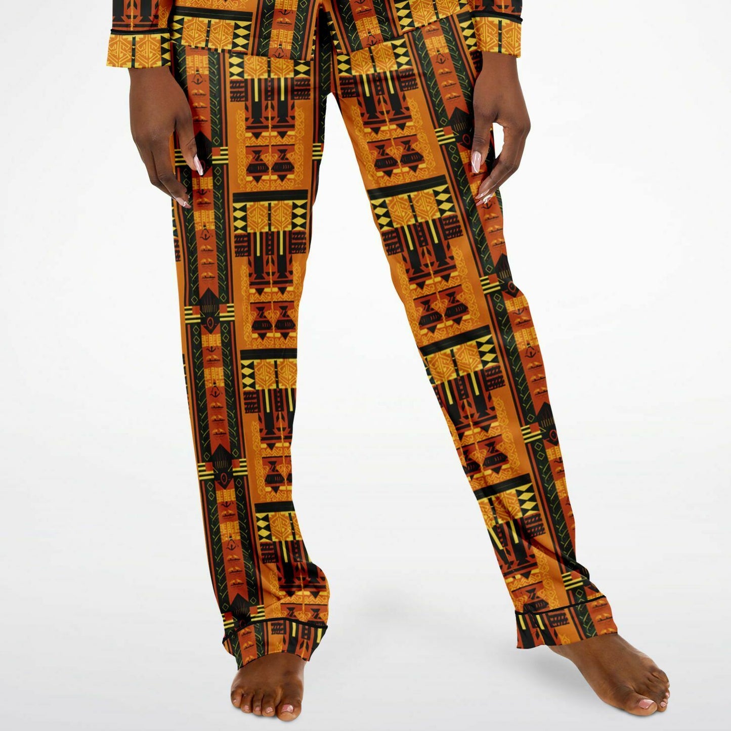 Golden Brown Afrofuturism African Print Women's Satin Pajama Set, Plus Size Luxury Nightwear