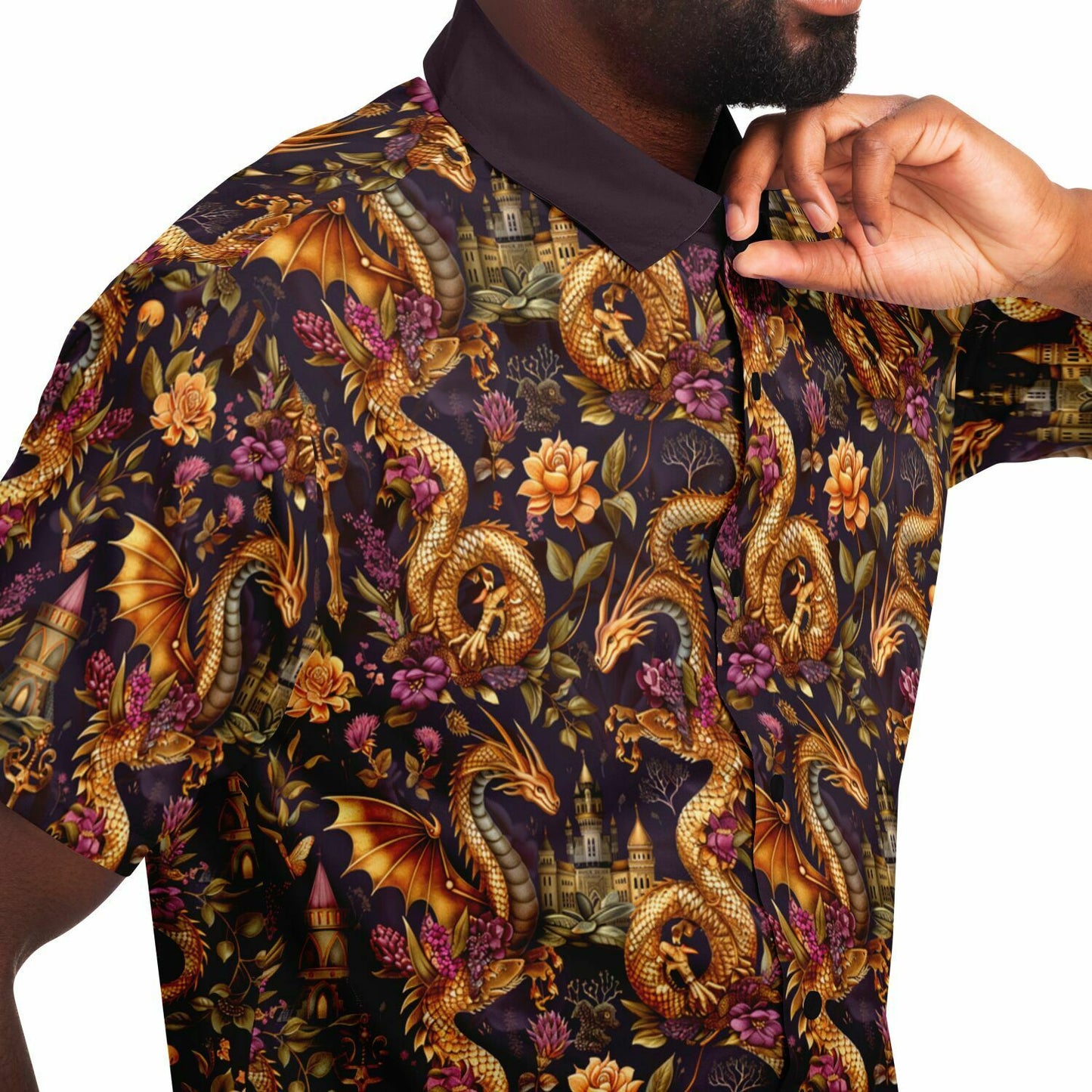 Fantasy-Themed Dragon Print Men's Short Sleeve Button Down Shirt, Gold and Purple Design