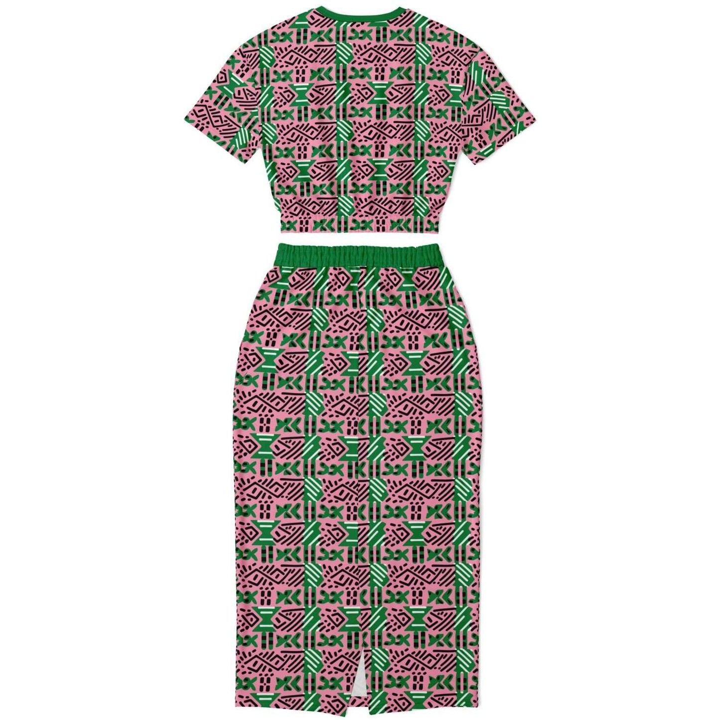 AKA Pink & Green Sorority Mud Cloth Print Skirt Set , Versatile Women's African Inspired Fashion