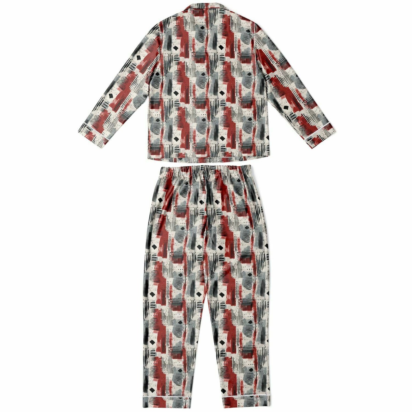 Gray & Deep Red African Mud Cloth Print Satin 2 -Piece Women's Pajama Set,  Plus Size Bogolan Luxury Sleepwear