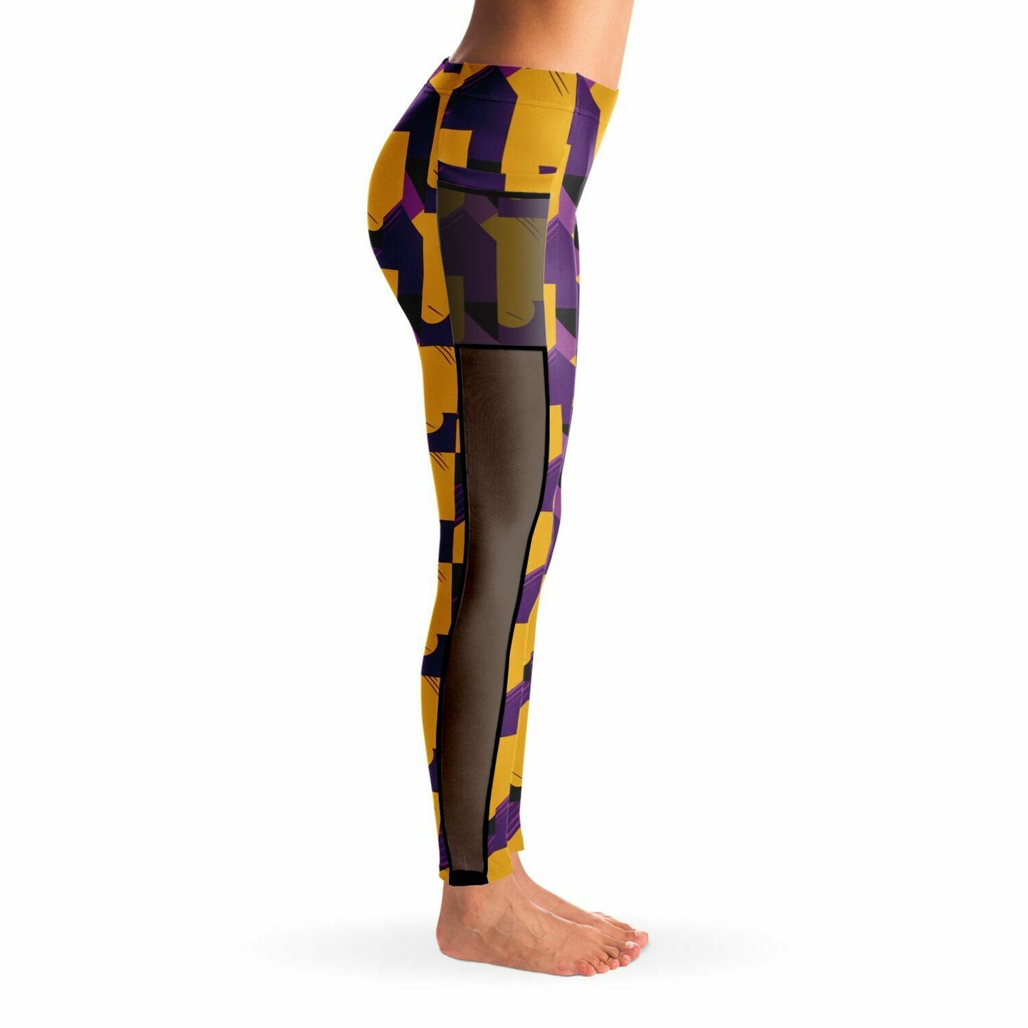 Purple & Gold Abstract Print Luxury Leggings With Pockets, Laker Fan Color Sexy Ladies Workout Wear