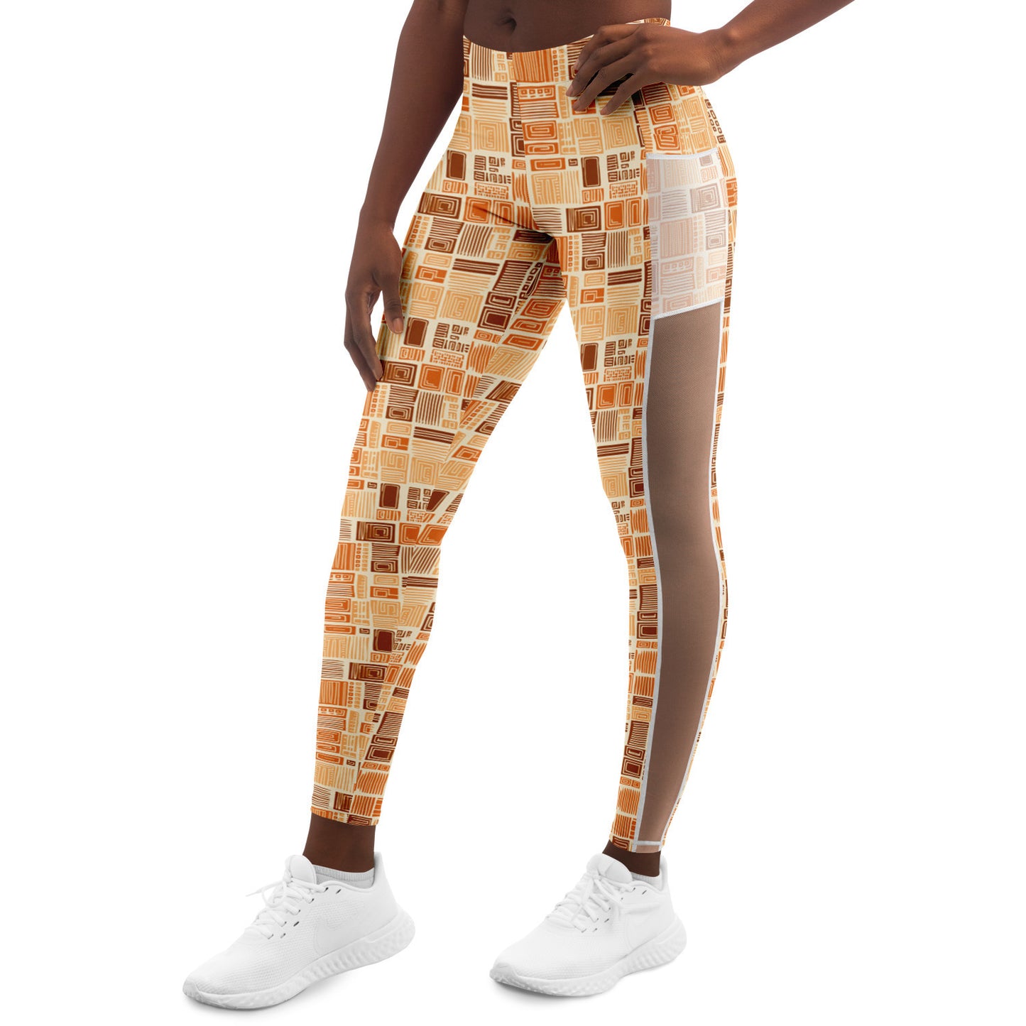 African Mud Cloth Earth Tone Mesh Pocket Leggings, Womens Ethnic Print Athleisure