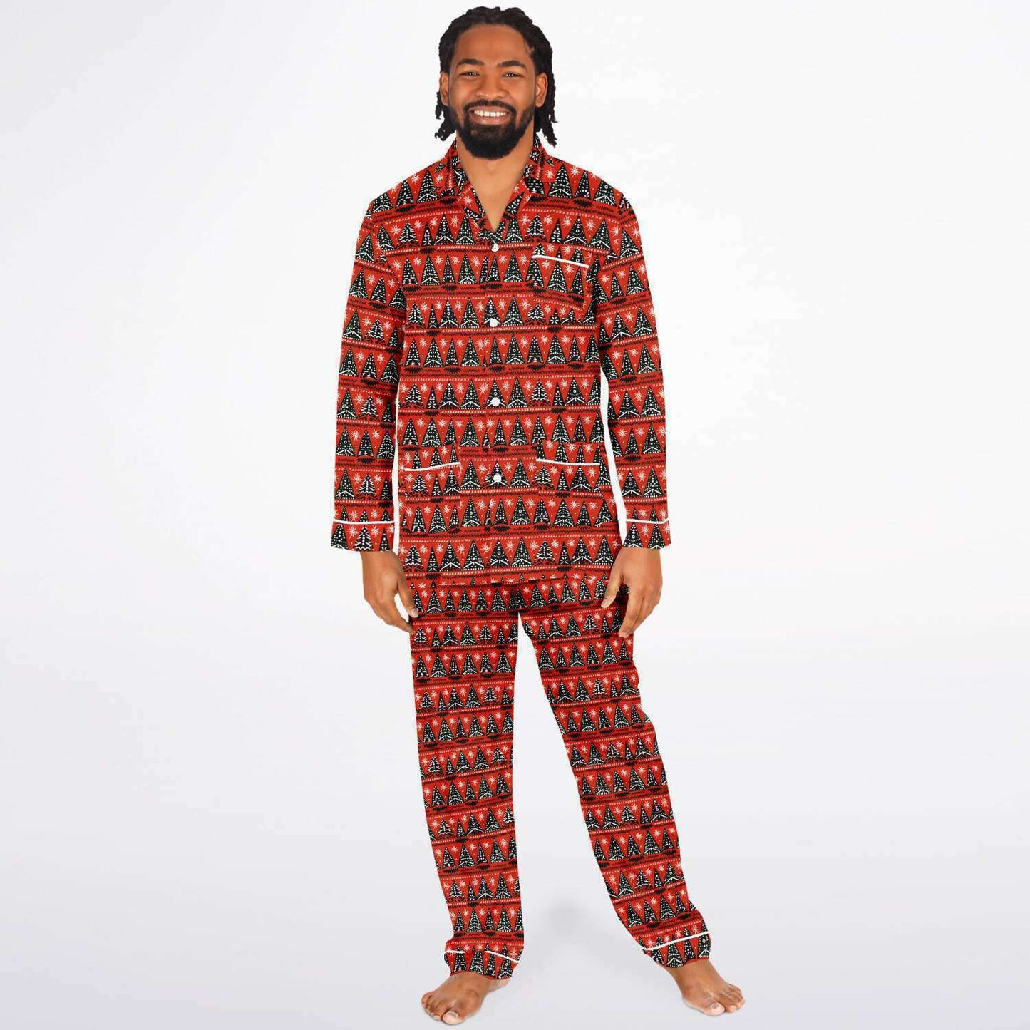 Men's African Print Christmas Tree Satin Pajama Set | African Print Luxury Sleepwear |  Holiday Men's Pajama Set - Ships Free