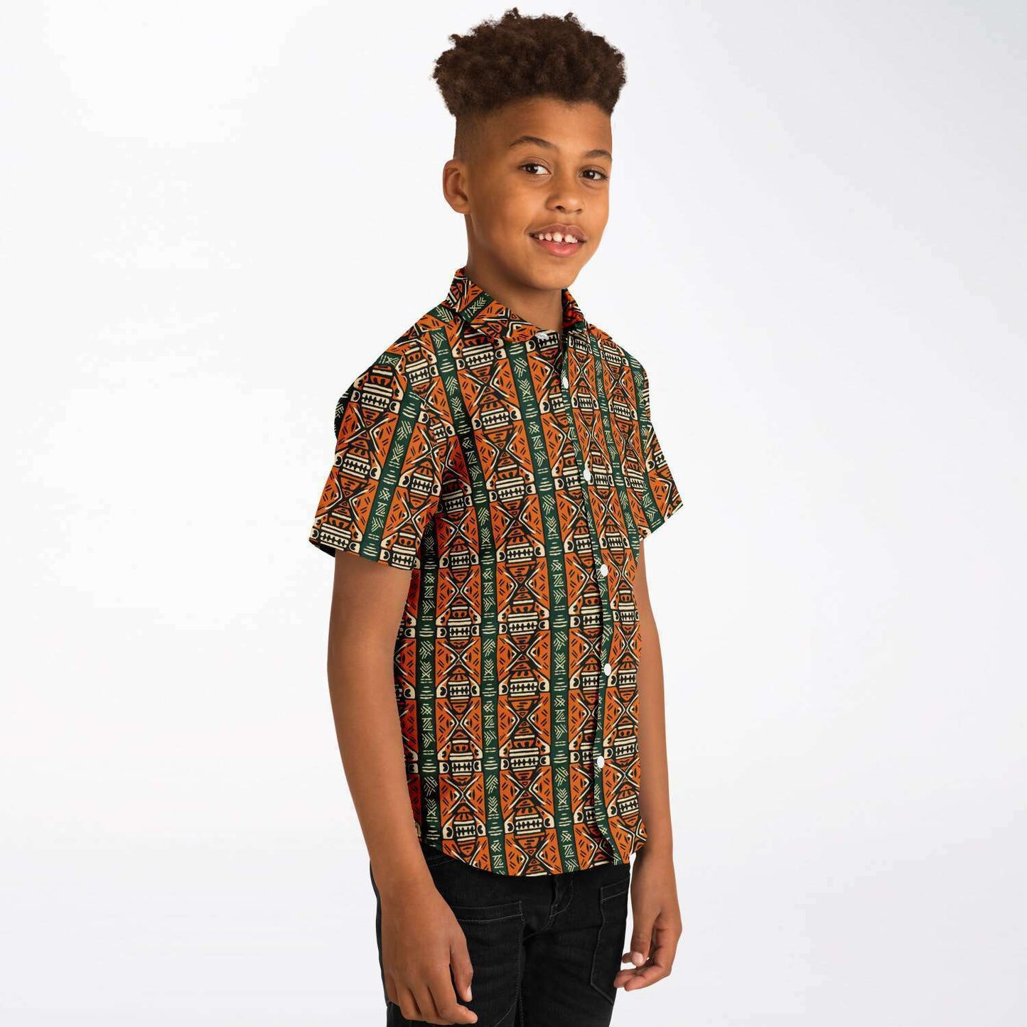 Green & Orange Traditional African Mud Cloth Boys Button Down Shirt