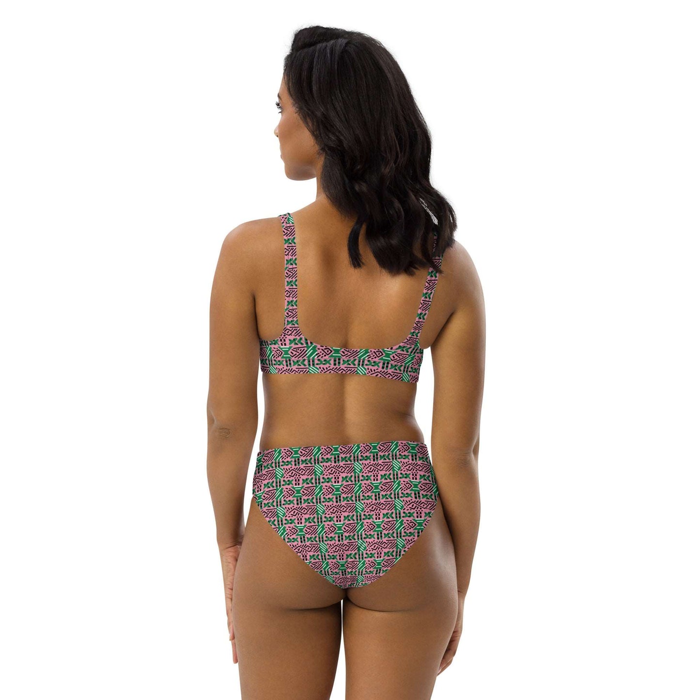 AKA Inspired Pink & Green African Mud Cloth Print Bikini Set,Pink and Green Bikini, High Waisted African Heritage Swimwear