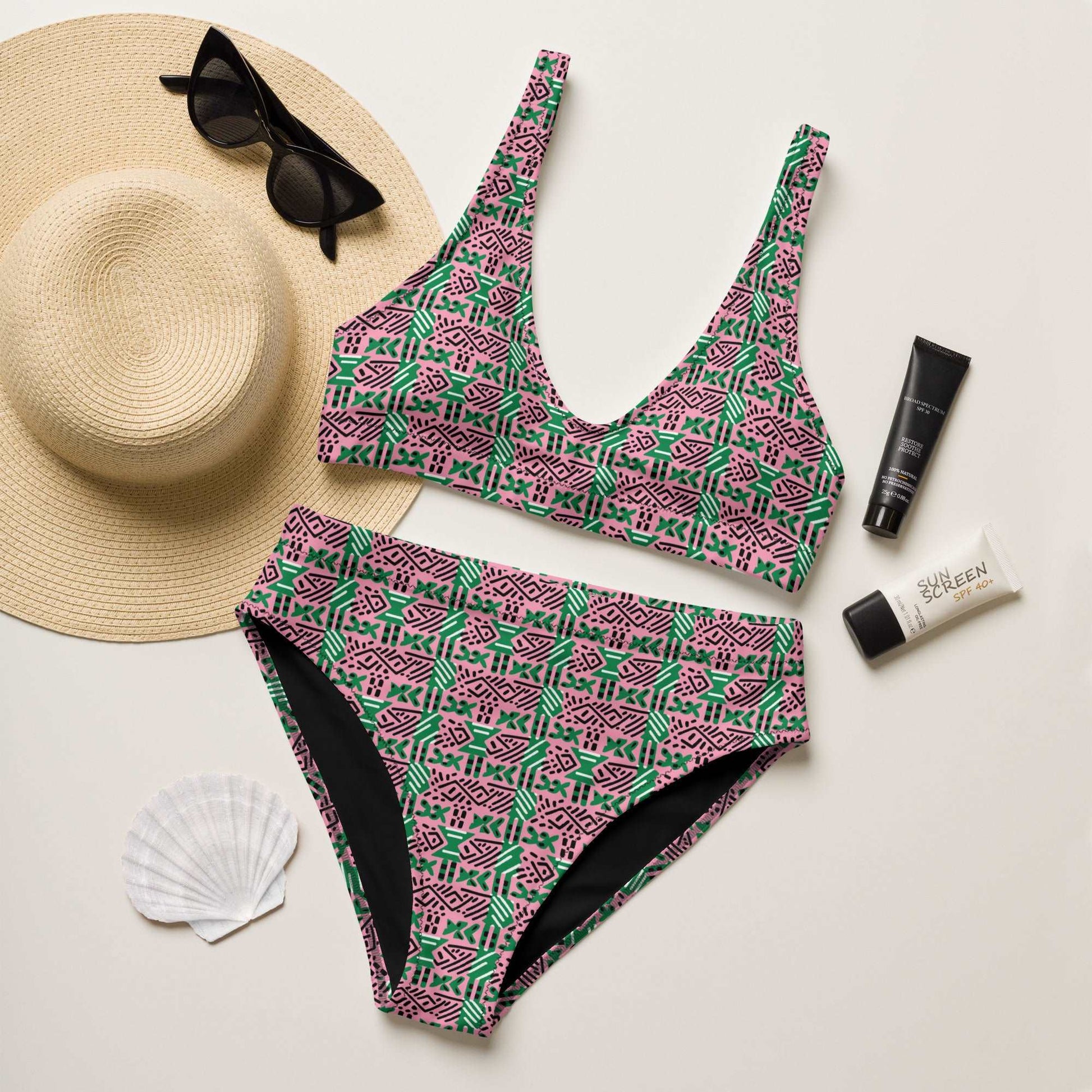 AKA Inspired Pink & Green African Mud Cloth Print Bikini Set,Pink and Green Bikini, High Waisted African Heritage Swimwear