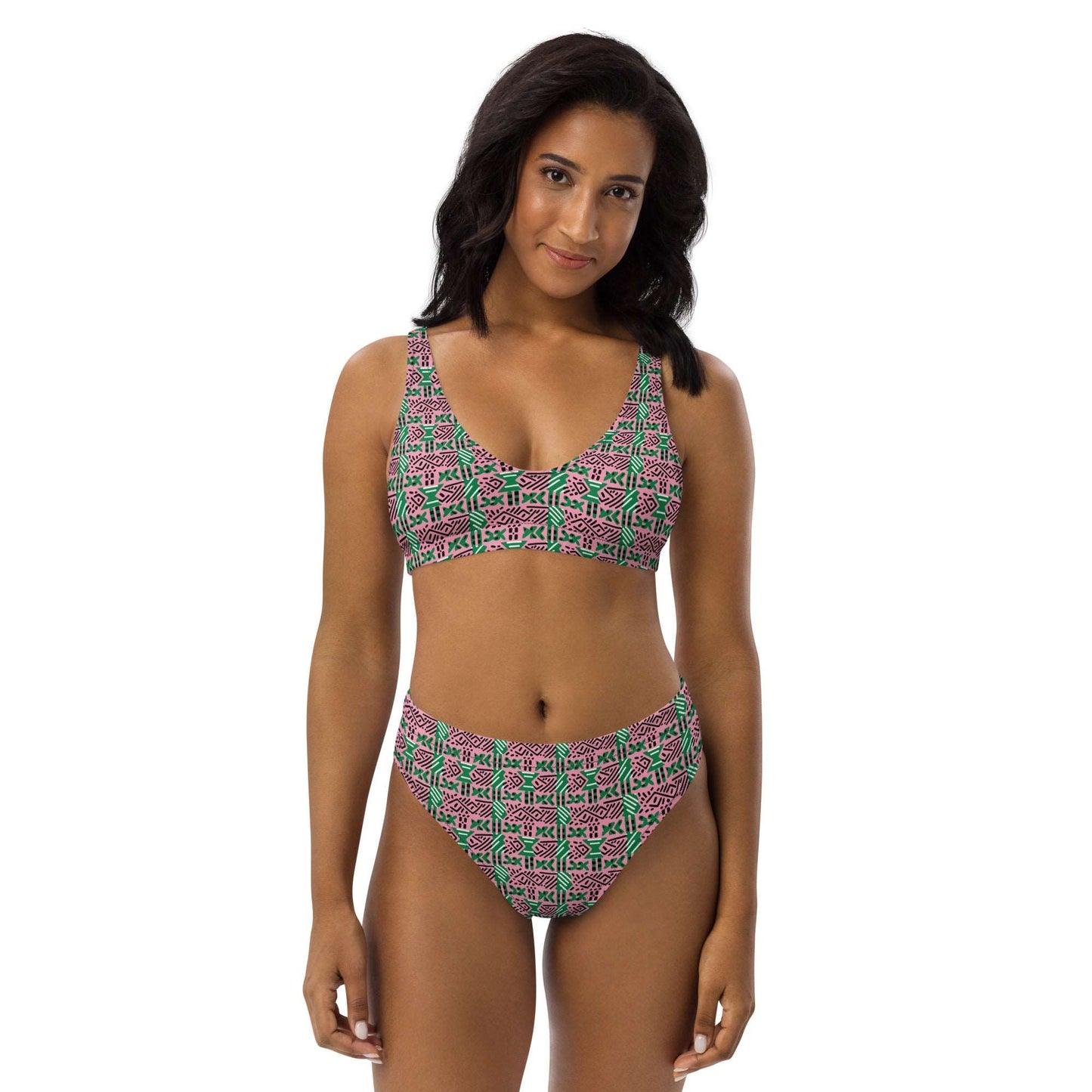 AKA Inspired Pink & Green African Mud Cloth Print Bikini Set,Pink and Green Bikini, High Waisted African Heritage Swimwear