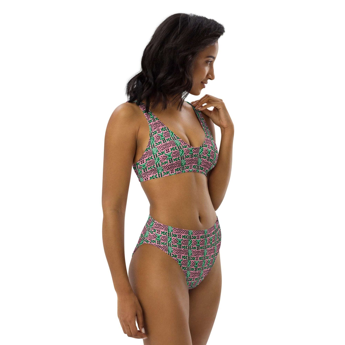 AKA Inspired Pink & Green African Mud Cloth Print Bikini Set,Pink and Green Bikini, High Waisted African Heritage Swimwear