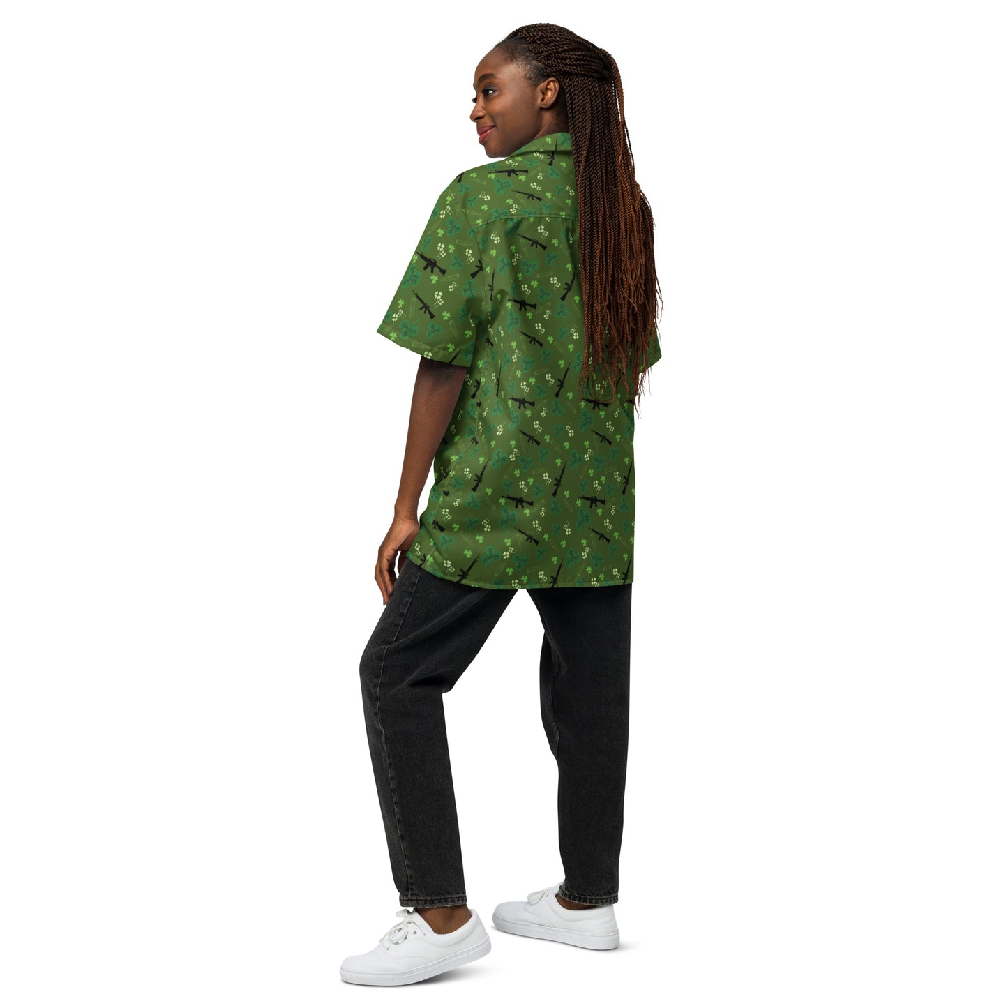 St. Patrick Day Unisex Gun Themed Button Up Shirt, Tactical Four Leaf Clover Apparel