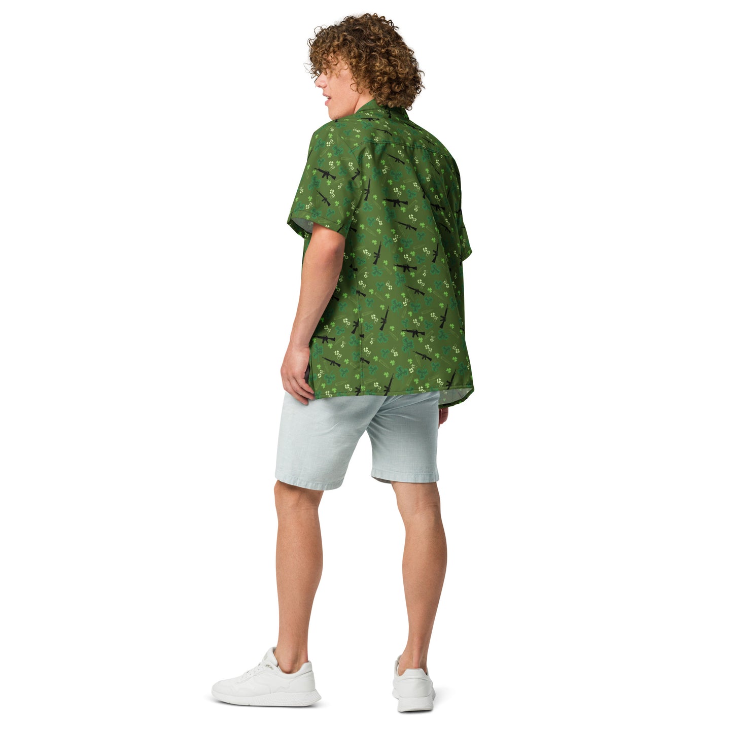 St. Patrick Day Unisex Gun Themed Button Up Shirt, Tactical Four Leaf Clover Apparel