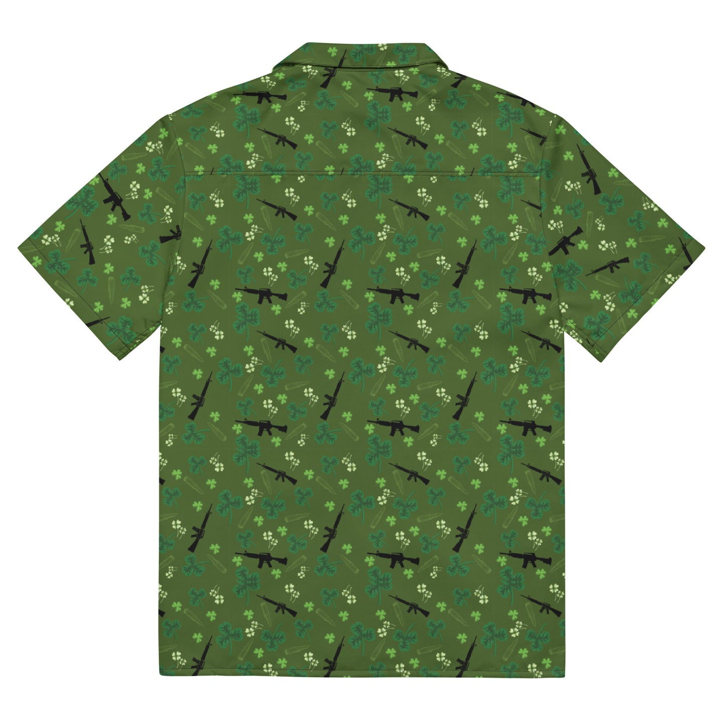 St. Patrick Day Unisex Gun Themed Button Up Shirt, Tactical Four Leaf Clover Apparel