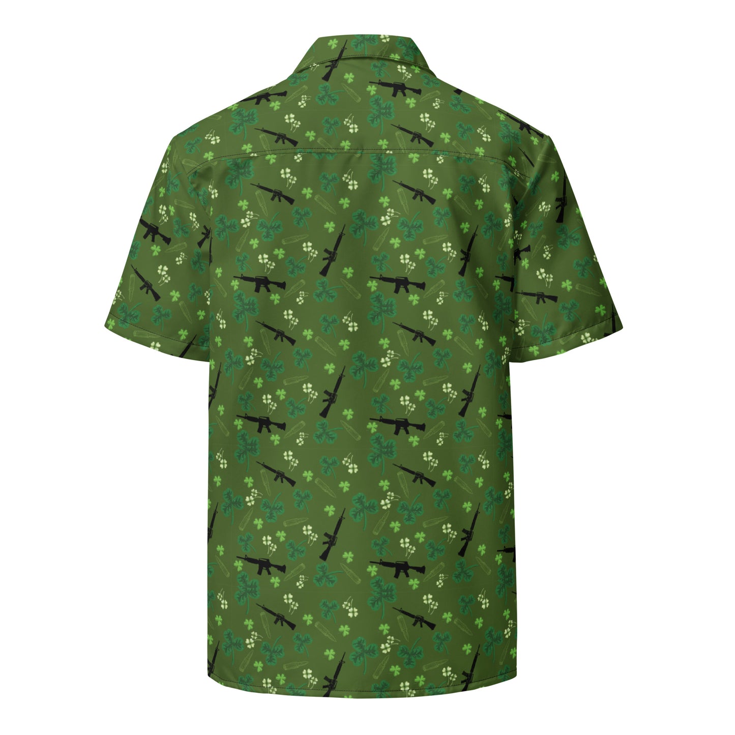 St. Patrick Day Unisex Gun Themed Button Up Shirt, Tactical Four Leaf Clover Apparel