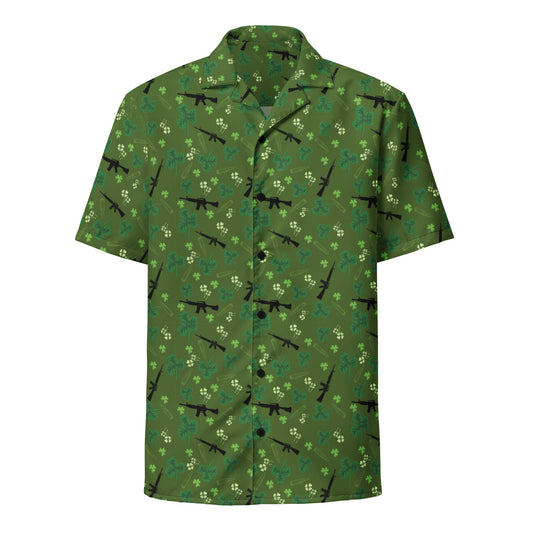 St. Patrick Day Unisex Gun Themed Button Up Shirt, Tactical Four Leaf Clover Apparel