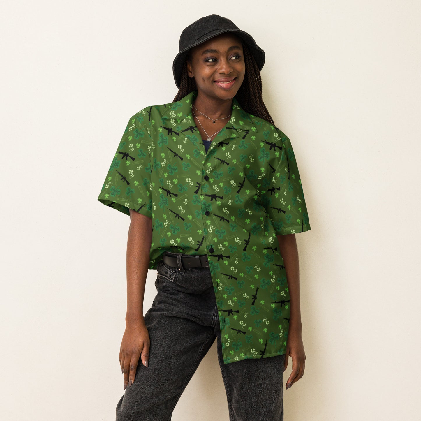 St. Patrick Day Unisex Gun Themed Button Up Shirt, Tactical Four Leaf Clover Apparel