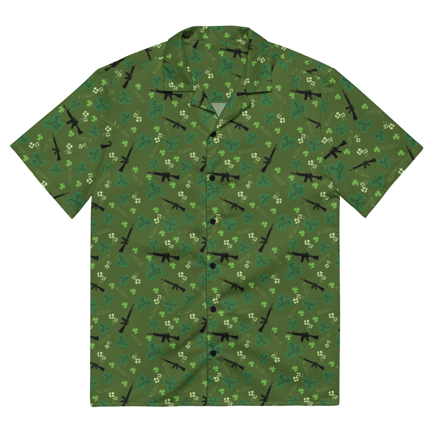 St. Patrick Day Unisex Gun Themed Button Up Shirt, Tactical Four Leaf Clover Apparel