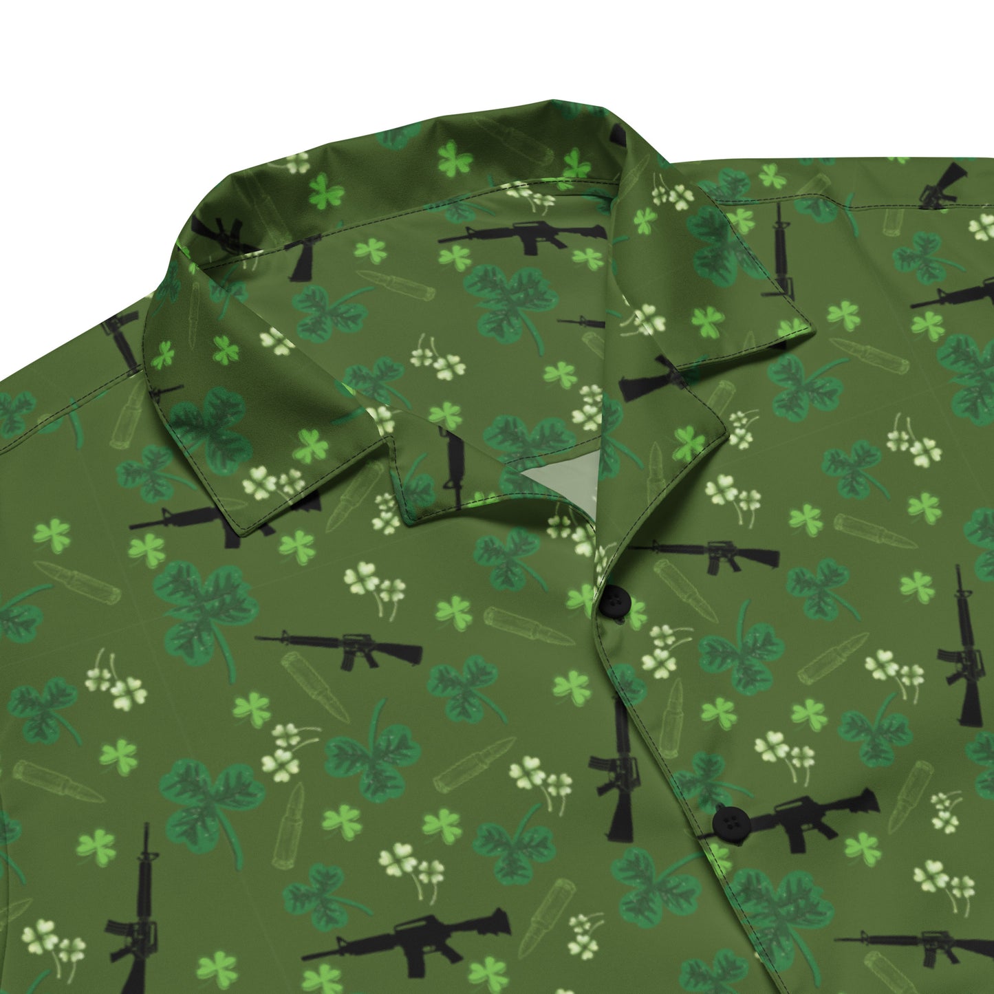 St. Patrick Day Unisex Gun Themed Button Up Shirt, Tactical Four Leaf Clover Apparel