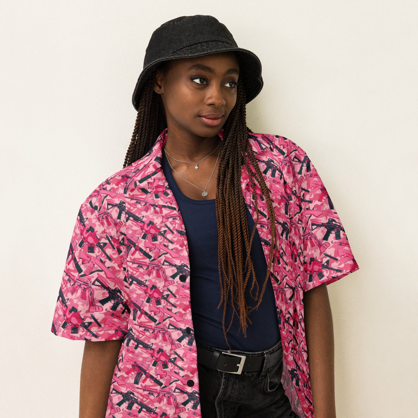 Pink Camo Girls With Guns Button Up Shirt