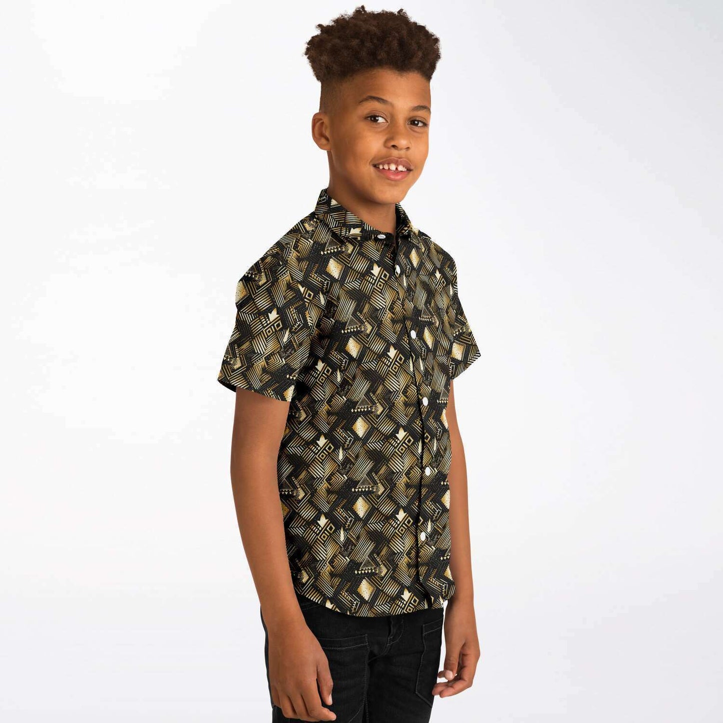 Gold & Black African Print Mud Cloth Short Sleeve Button Down Shirt | Youth Ethnic Print Button Down Shirt - Ships Free