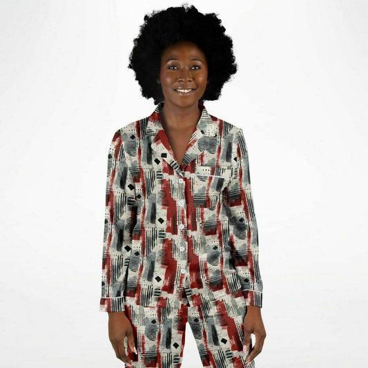 Gray & Deep Red African Mud Cloth Print Satin 2 -Piece Women's Pajama Set,  Plus Size Bogolan Luxury Sleepwear